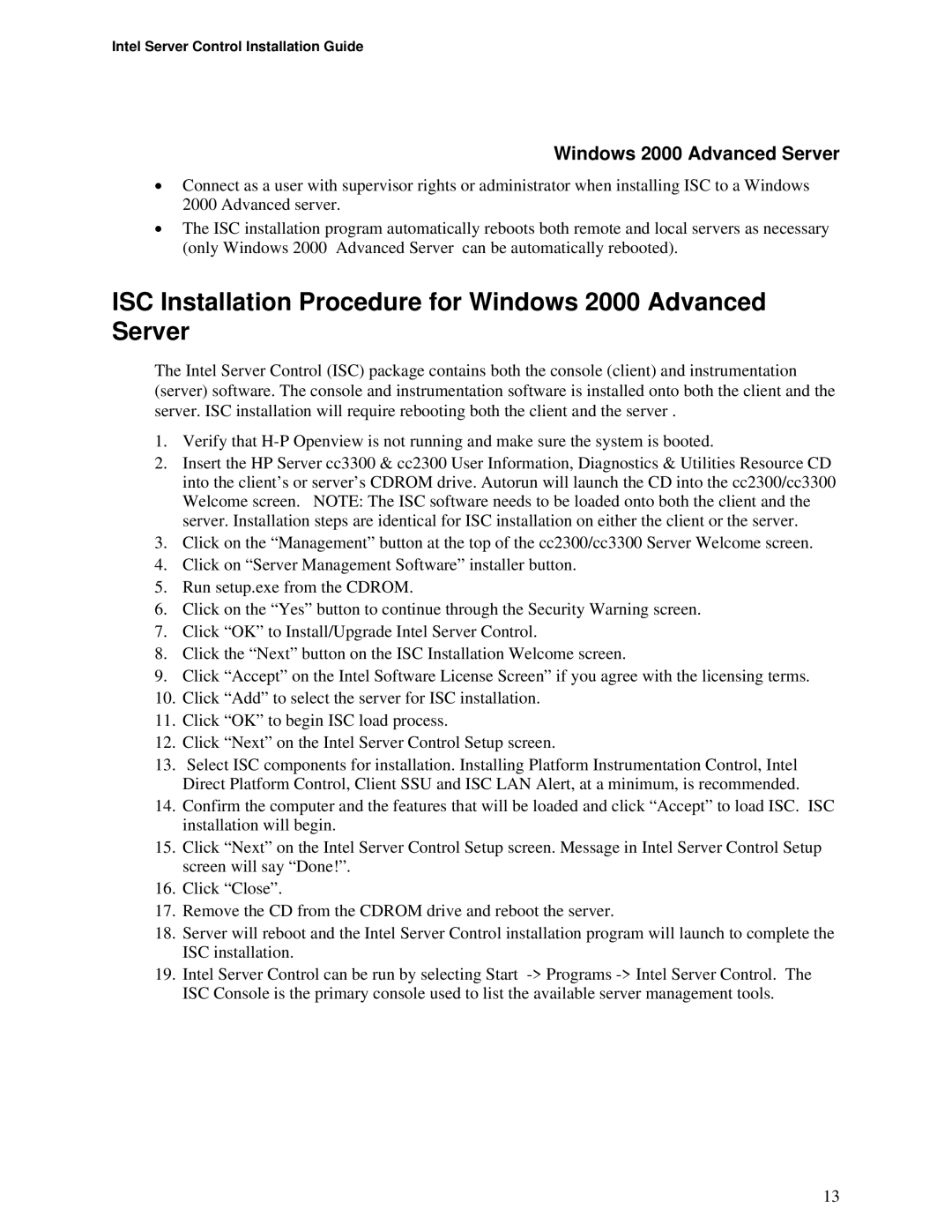 Intel cc2300, cc3300 manual ISC Installation Procedure for Windows 2000 Advanced Server 