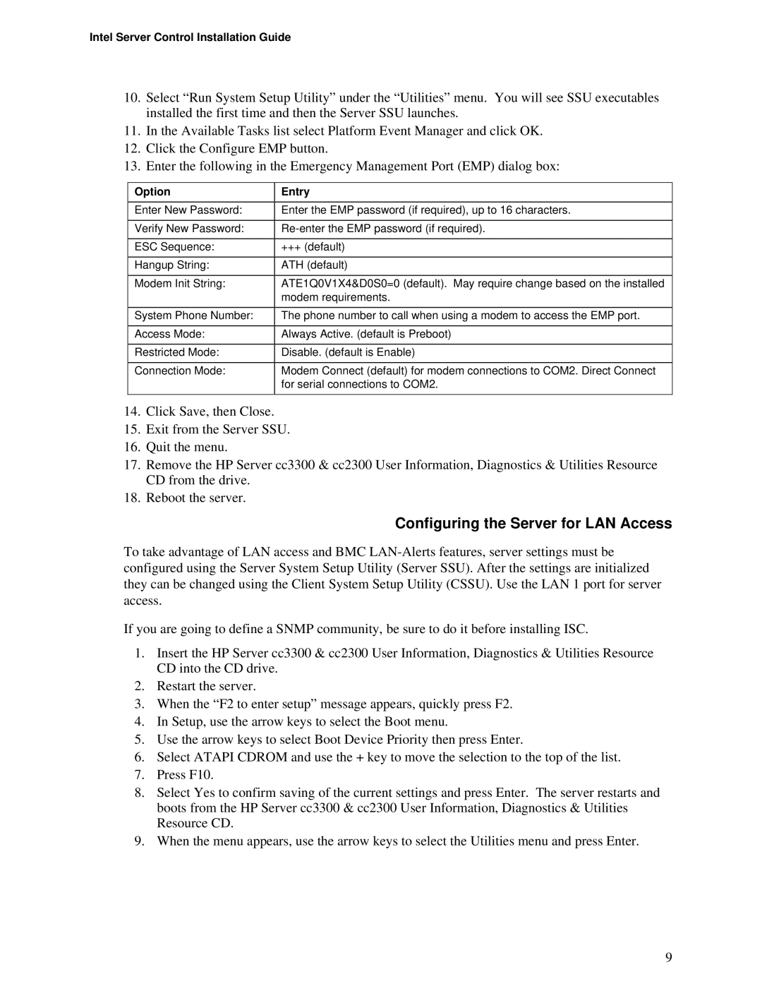 Intel cc2300, cc3300 manual Configuring the Server for LAN Access, Option Entry 