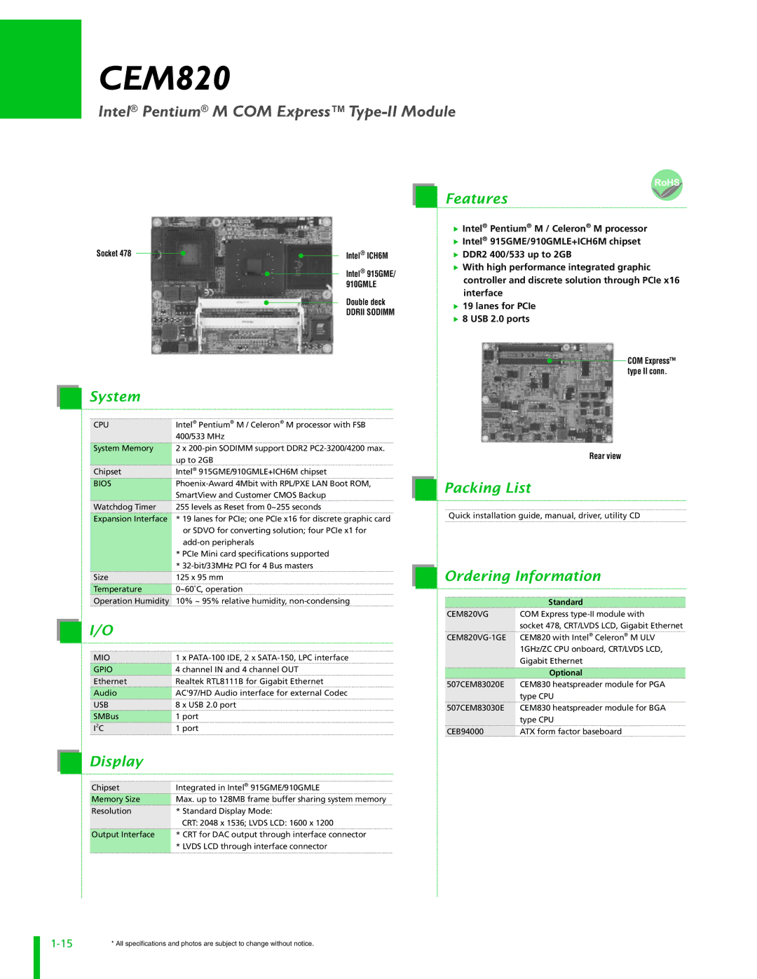 Intel CEM820 specifications System, Features, Packing List, Ordering Information, Display 