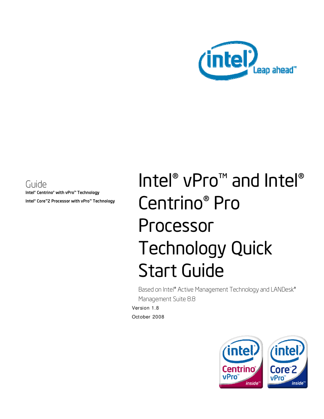 Intel vPro quick start Centrino Pro Processor Technology Quick Start Guide 