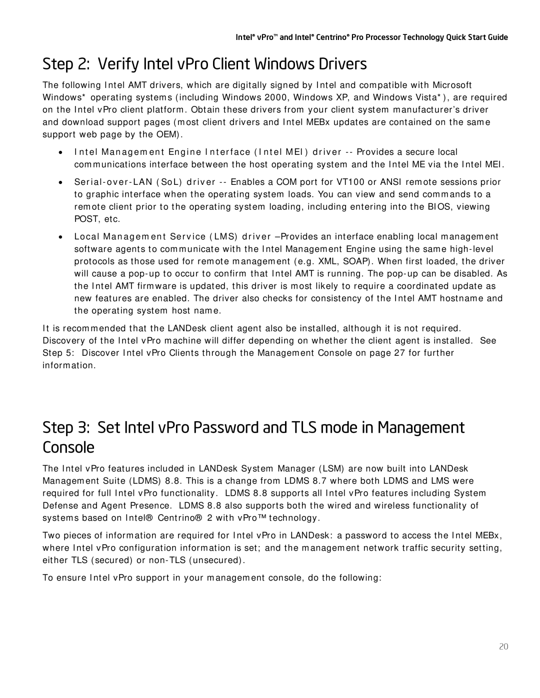 Intel Centrino Pro Verify Intel vPro Client Windows Drivers, Set Intel vPro Password and TLS mode in Management Console 