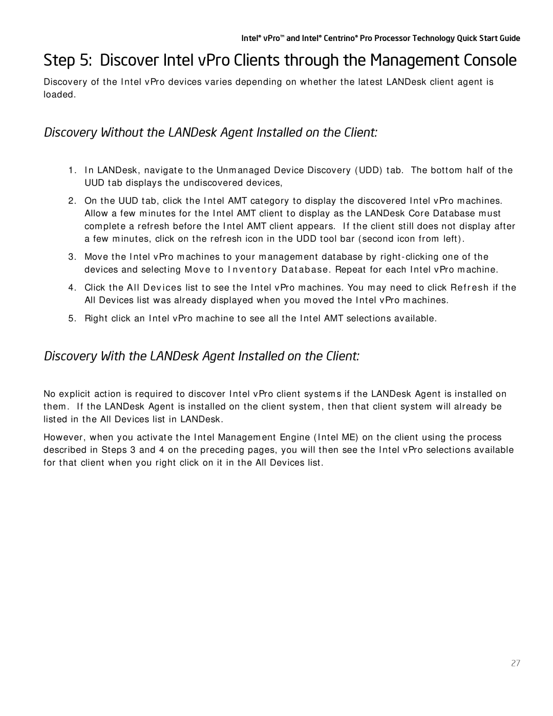 Intel Centrino Pro quick start Discover Intel vPro Clients through the Management Console 