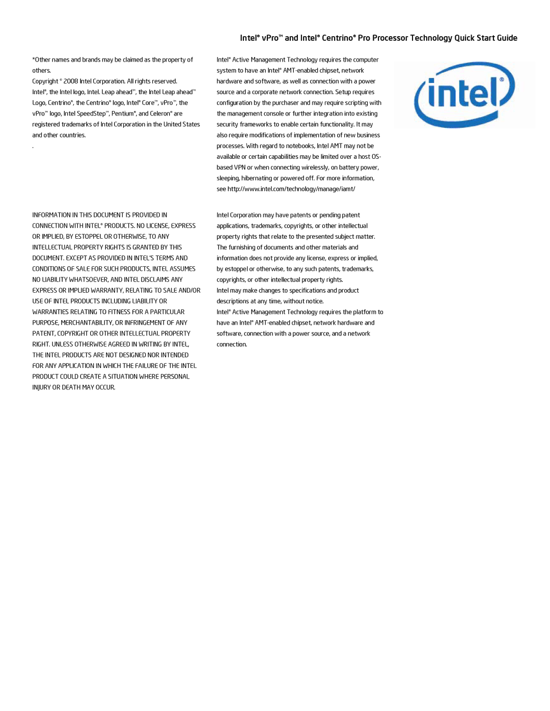 Intel vPro, Centrino Pro quick start 