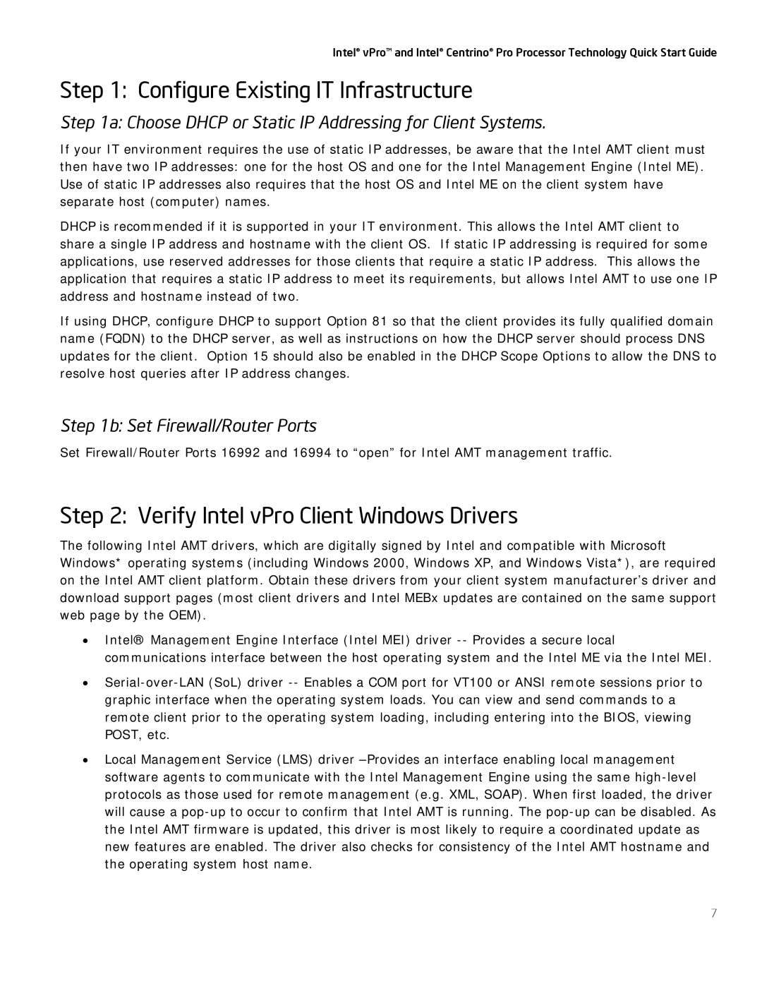 Intel Configure Existing IT Infrastructure, Verify Intel vPro Client Windows Drivers, Set Firewall/Router Ports 