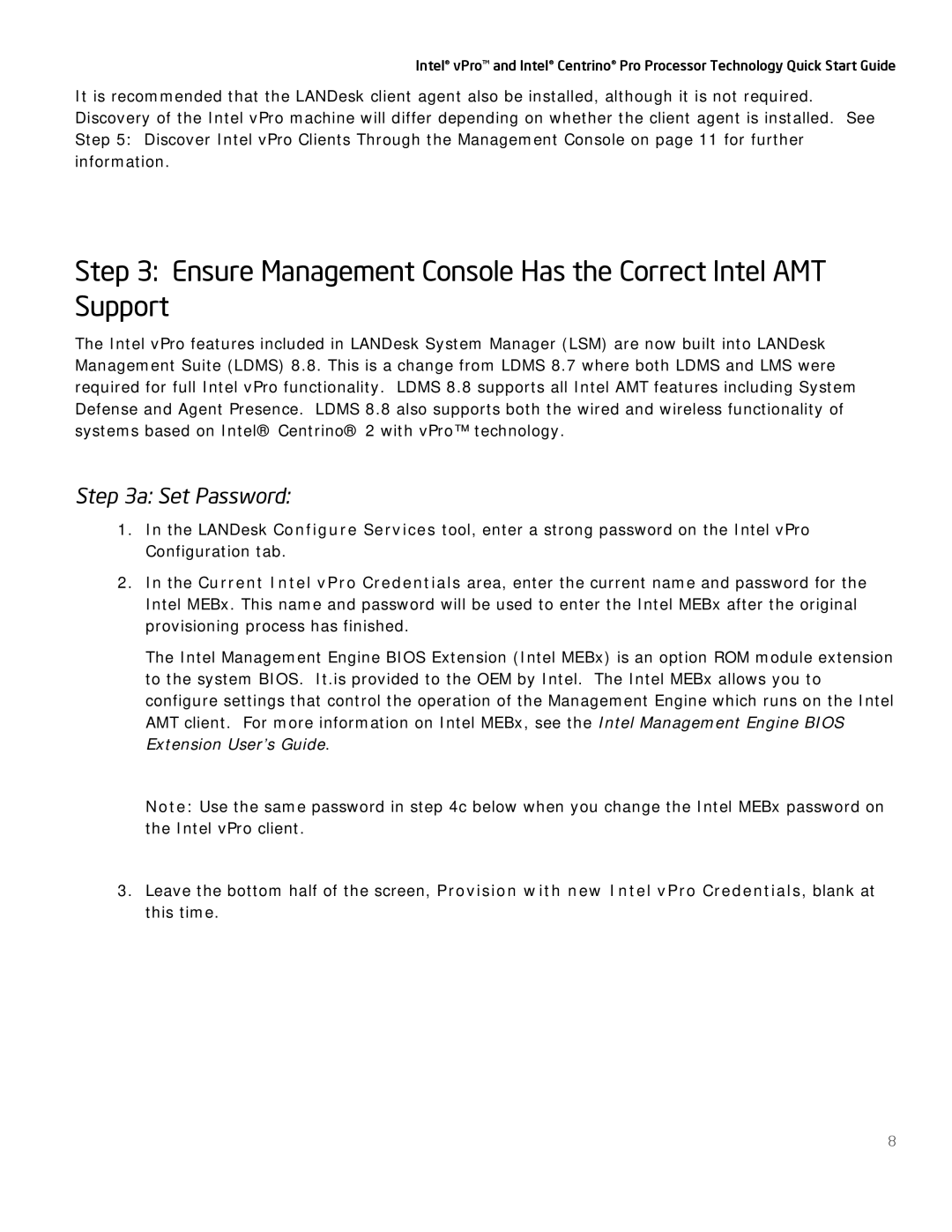 Intel Centrino Pro, vPro quick start Ensure Management Console Has the Correct Intel AMT Support, Set Password 