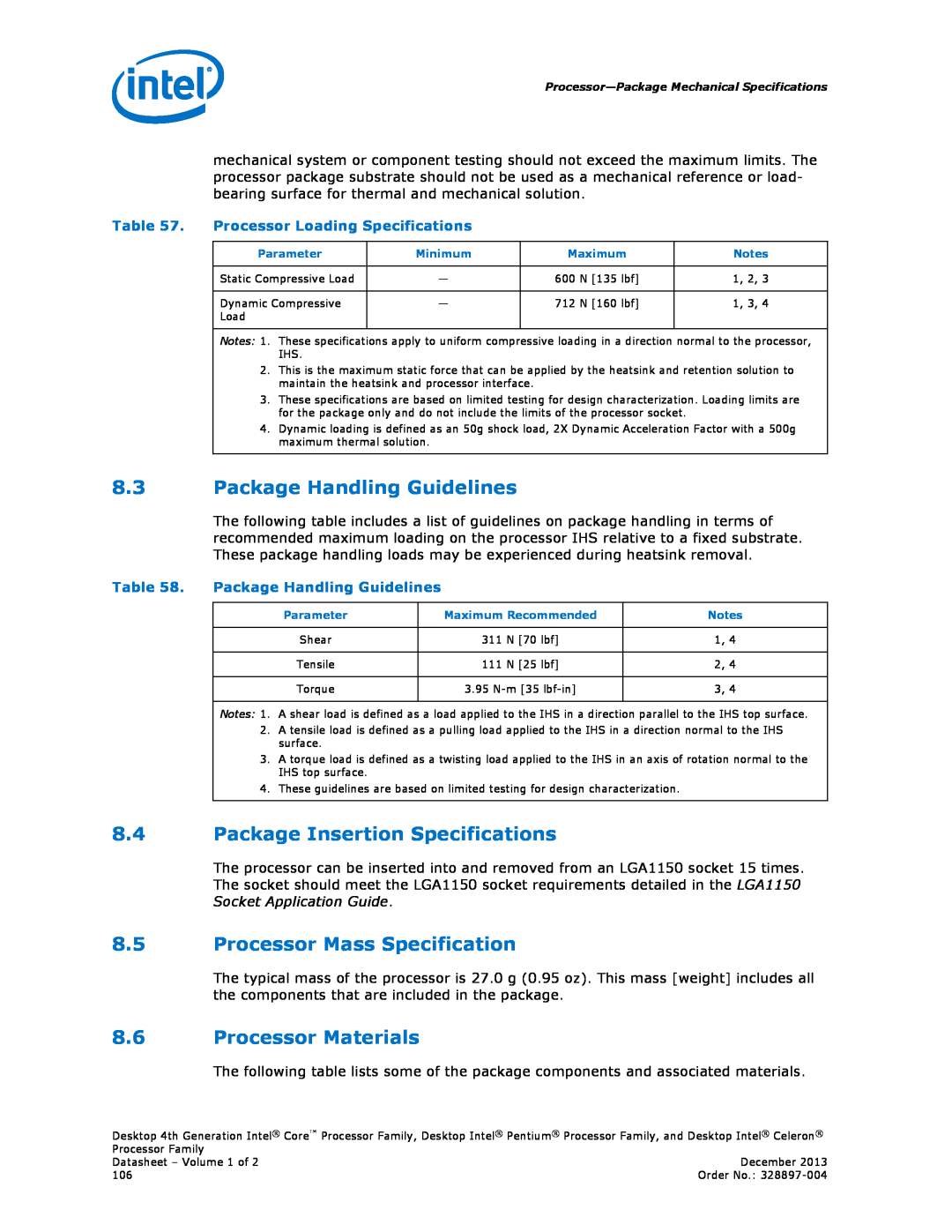 Intel BX80637I73770K manual Package Handling Guidelines, Package Insertion Specifications, Processor Mass Specification 