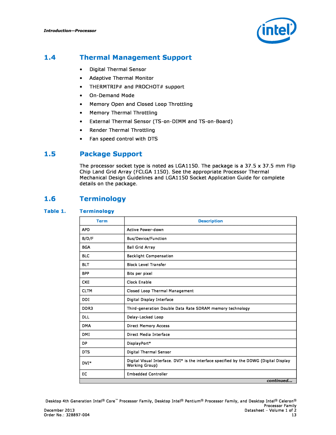 Intel CM8064601466200, CM8064601466003, BX80637I73770K manual Thermal Management Support, Package Support, Terminology 