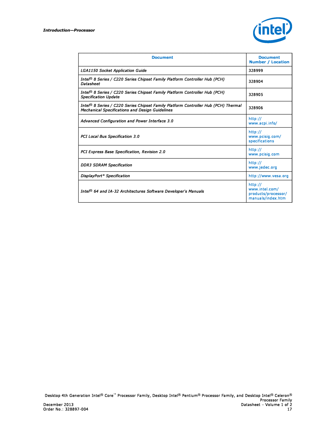 Intel CM8063701159502 manual Introduction-Processor, Document, Number / Location, http, specifications, products/processor 