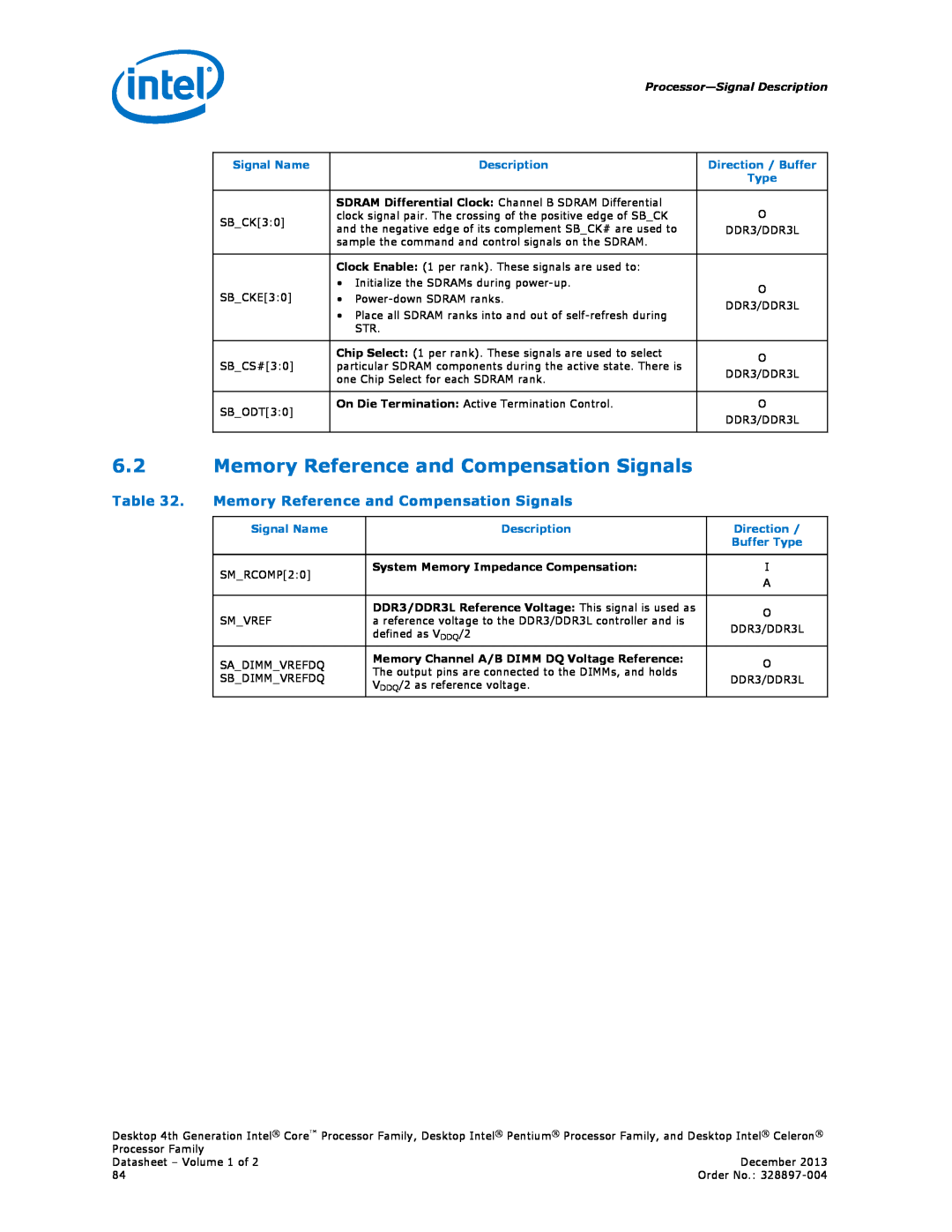 Intel BX80646I74770S, CM8064601466200 manual Memory Reference and Compensation Signals, Processor-Signal Description 