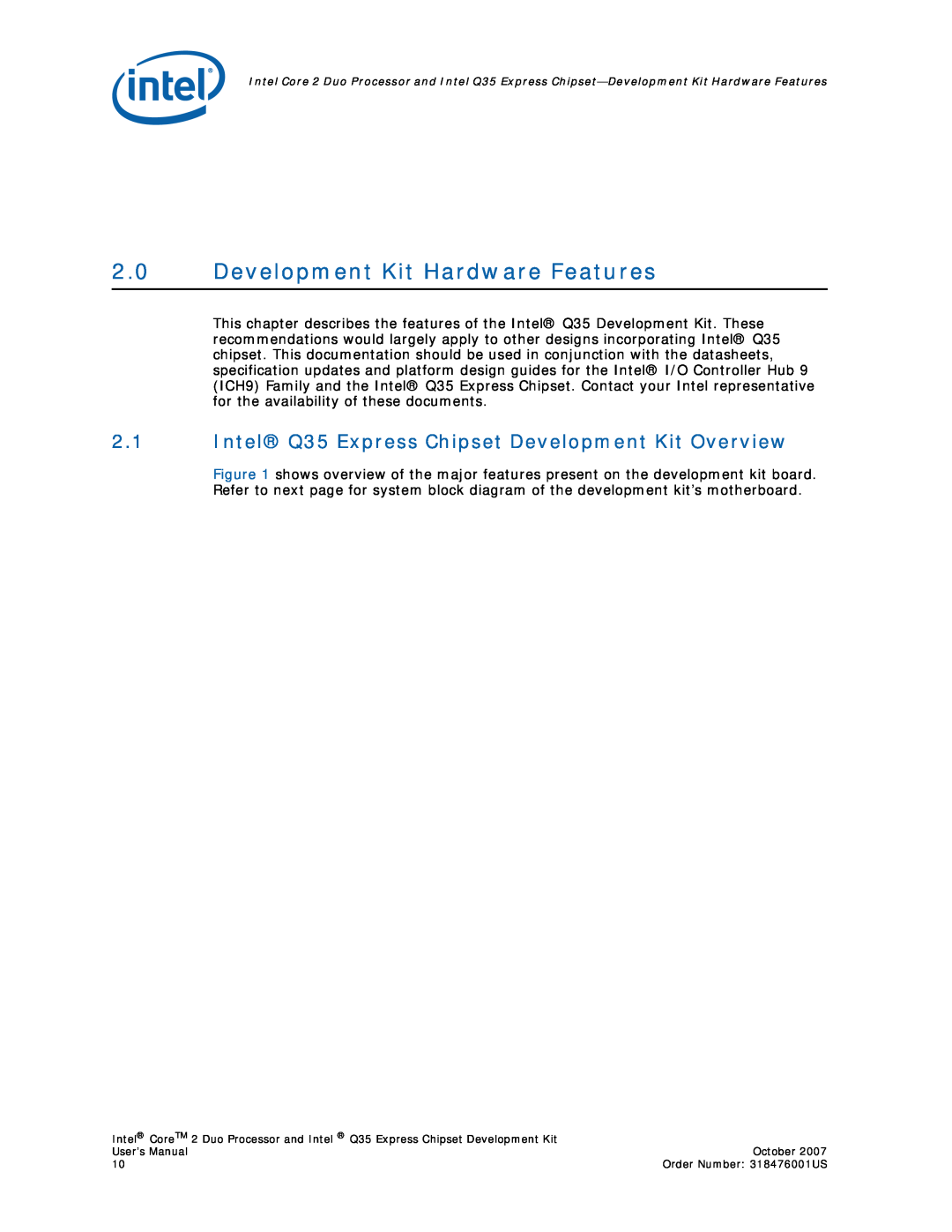 Intel Core 2 Duo user manual Development Kit Hardware Features, Intel Q35 Express Chipset Development Kit Overview 