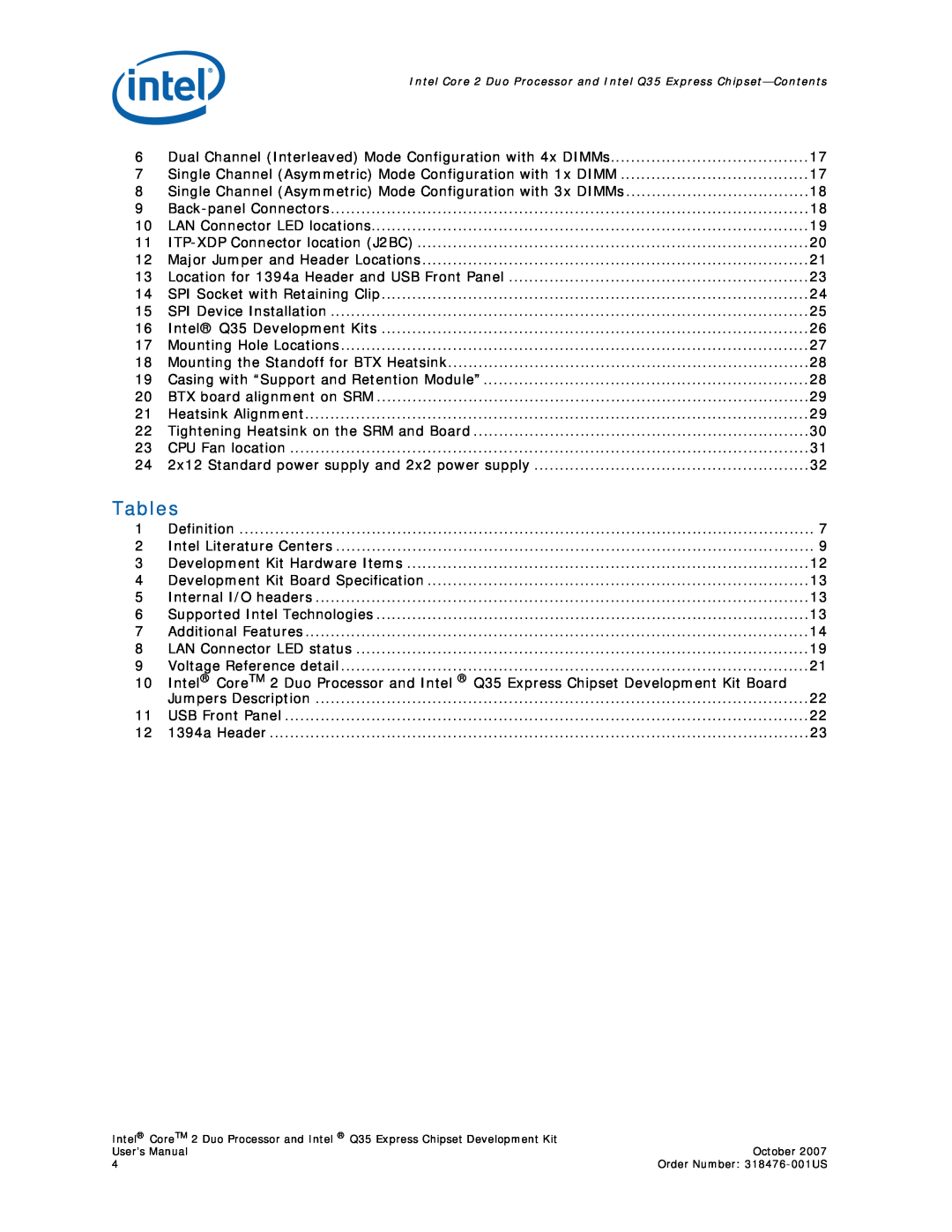 Intel user manual Tables, Intel Core 2 Duo Processor and Intel Q35 Express Chipset-Contents 