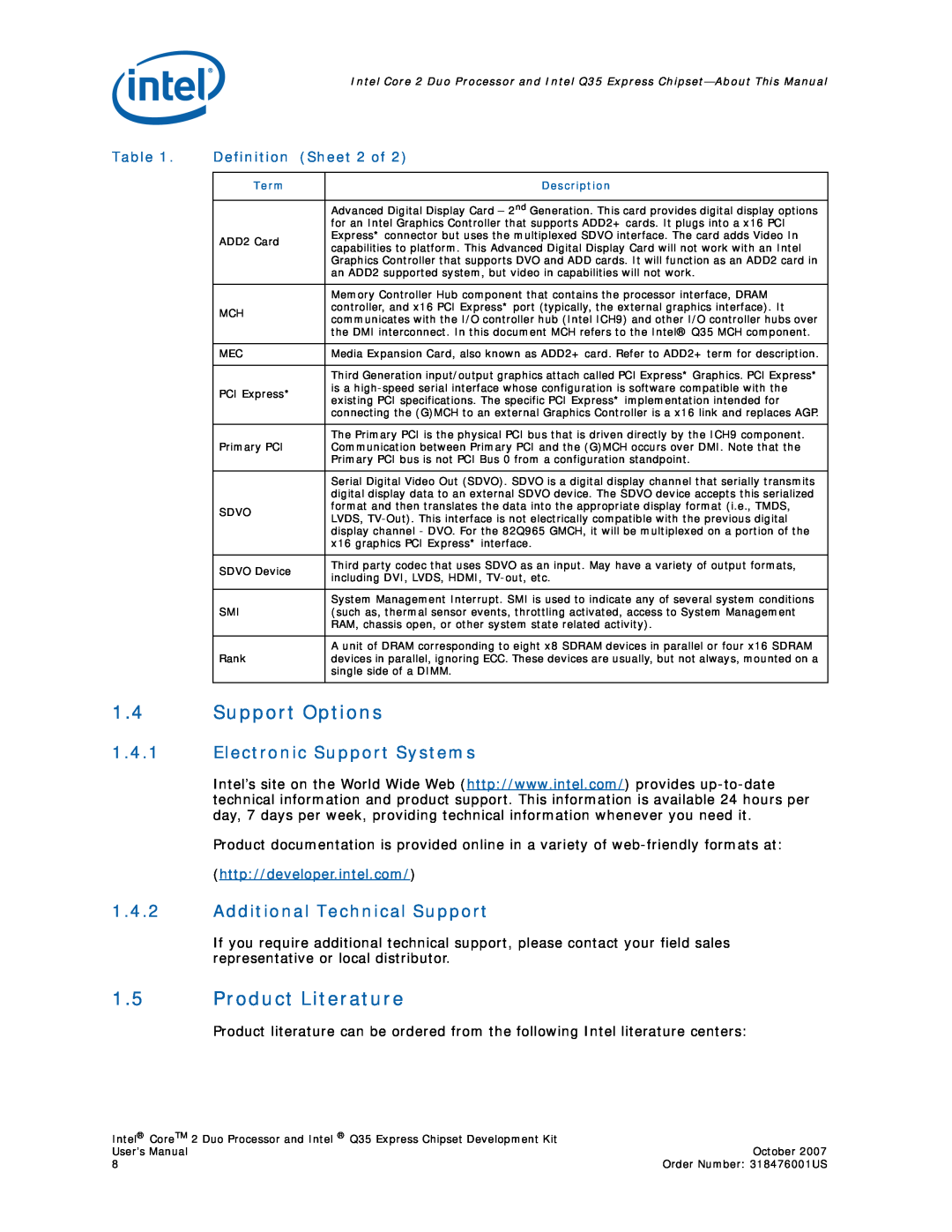 Intel Core 2 Duo Support Options, Product Literature, Electronic Support Systems, Additional Technical Support, Sheet 2 of 