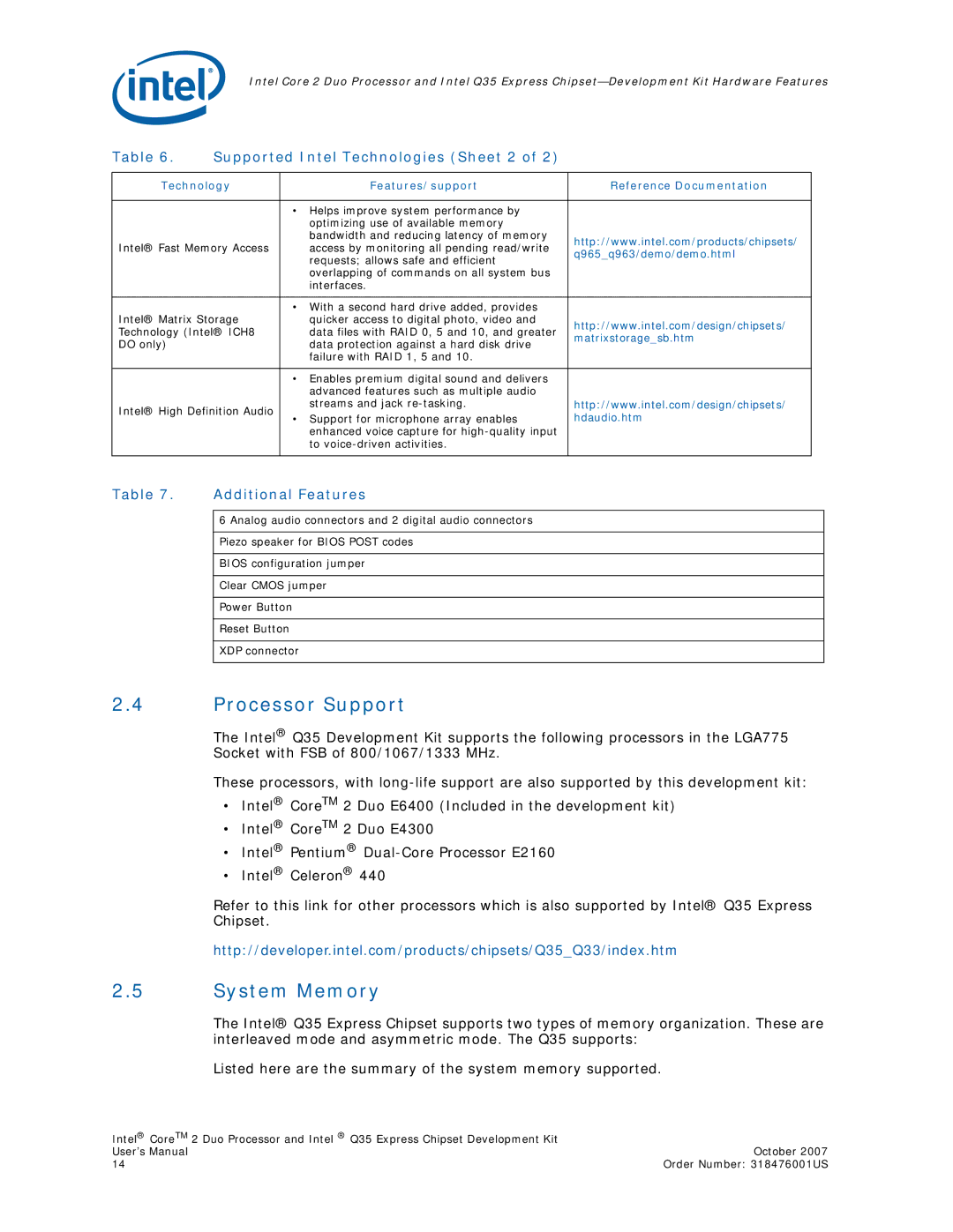 Intel Core 2 Duo, Q35 Express Processor Support, System Memory, Supported Intel Technologies Sheet 2, Additional Features 