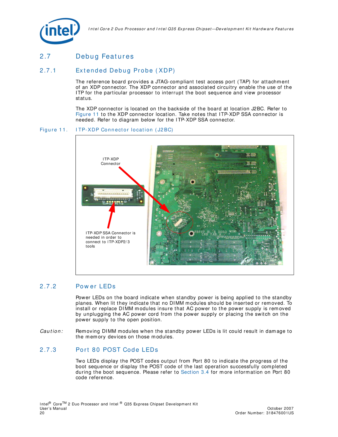 Intel Core 2 Duo, Q35 Express user manual Debug Features, Extended Debug Probe XDP, Power LEDs, Port 80 Post Code LEDs 