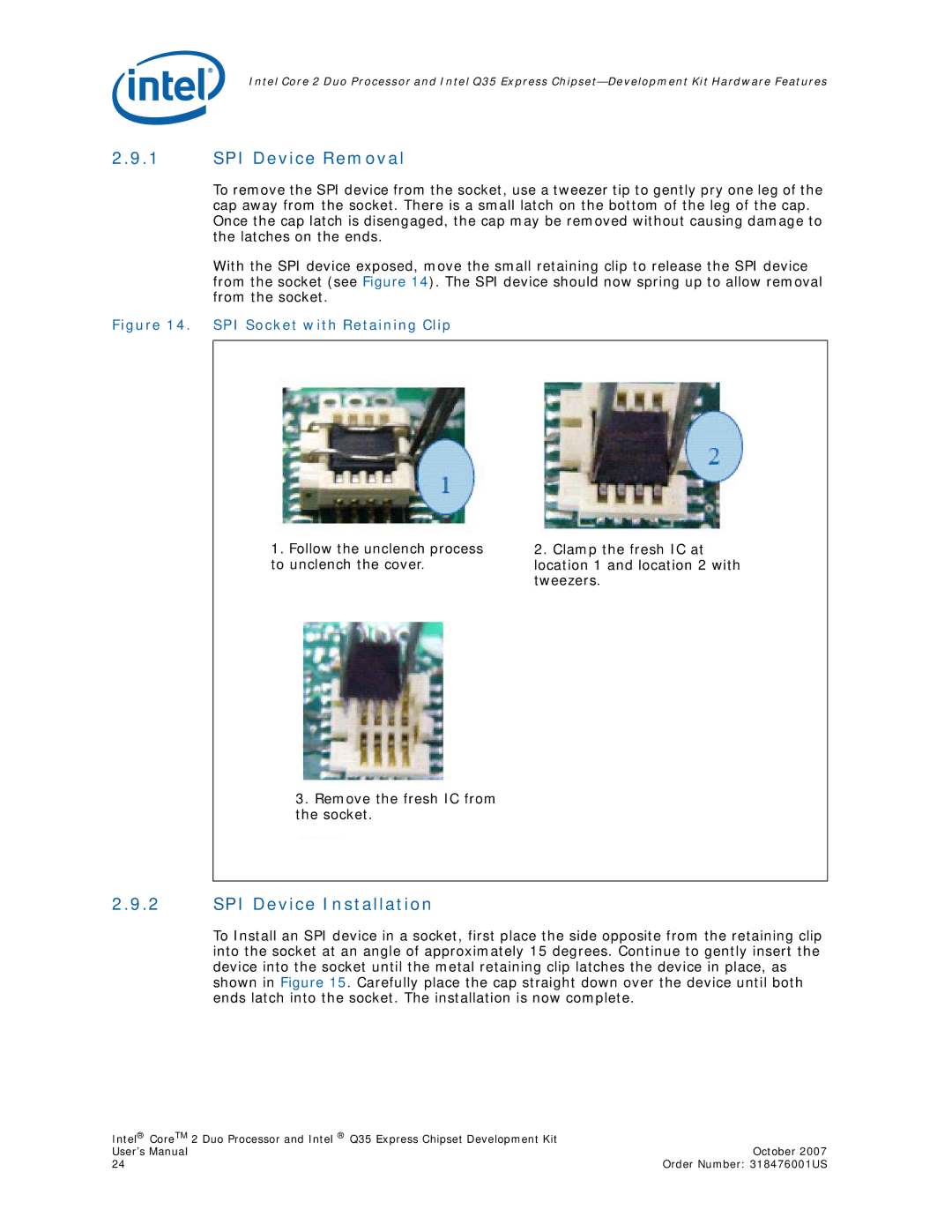 Intel Core 2 Duo, Q35 Express user manual SPI Device Removal, SPI Device Installation 