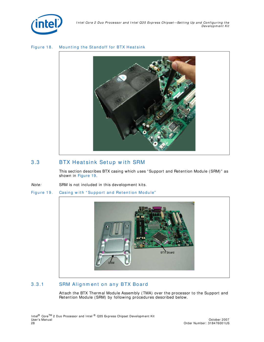 Intel Core 2 Duo, Q35 Express user manual BTX Heatsink Setup with SRM, SRM Alignment on any BTX Board 