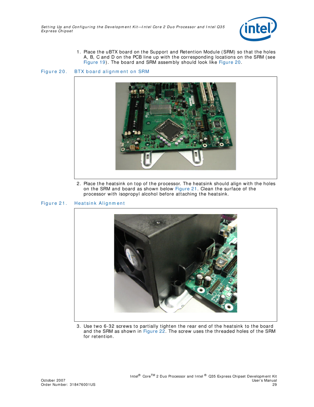 Intel Q35 Express, Core 2 Duo user manual BTX board alignment on SRM 