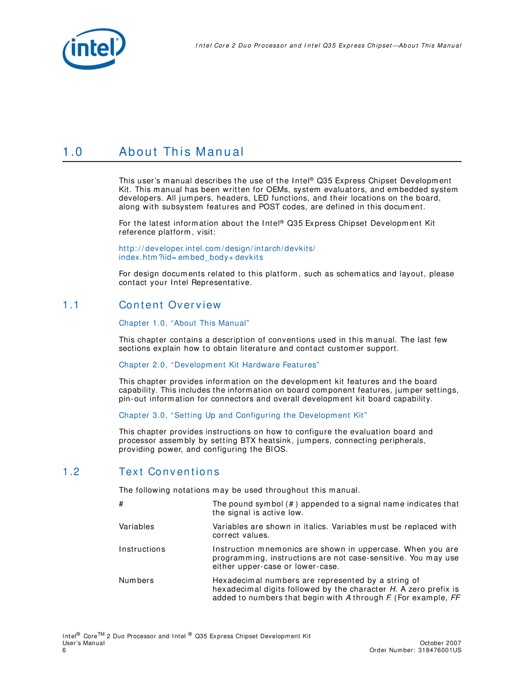 Intel Core 2 Duo, Q35 Express user manual Content Overview, Text Conventions 