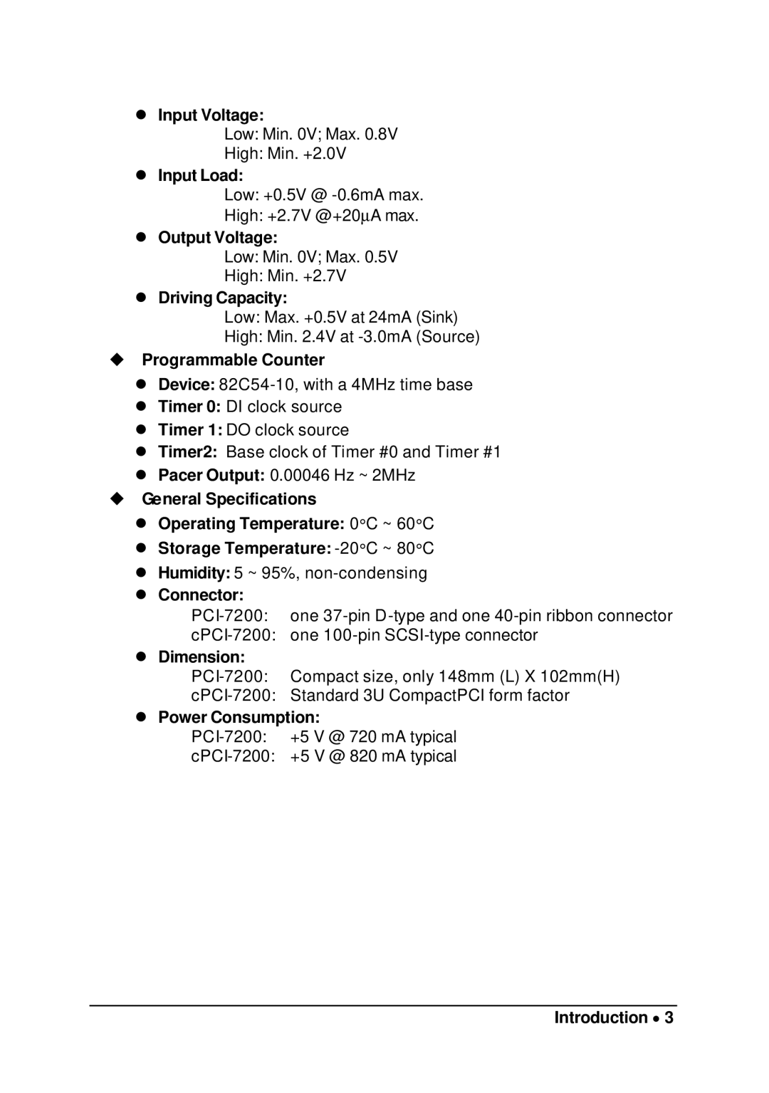 Intel PCI-7200 Input Voltage, Input Load, Output Voltage, Driving Capacity, Programmable Counter, Connector, Dimension 