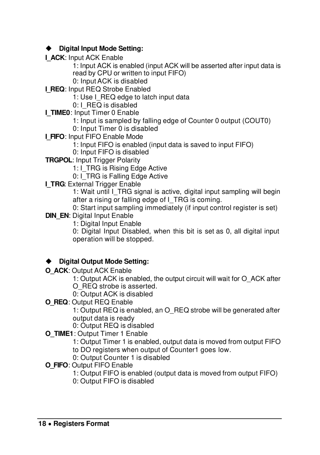 Intel cPCI-7200 manual Digital Input Mode Setting, Digital Output Mode Setting, 18 ∙ Registers Format 