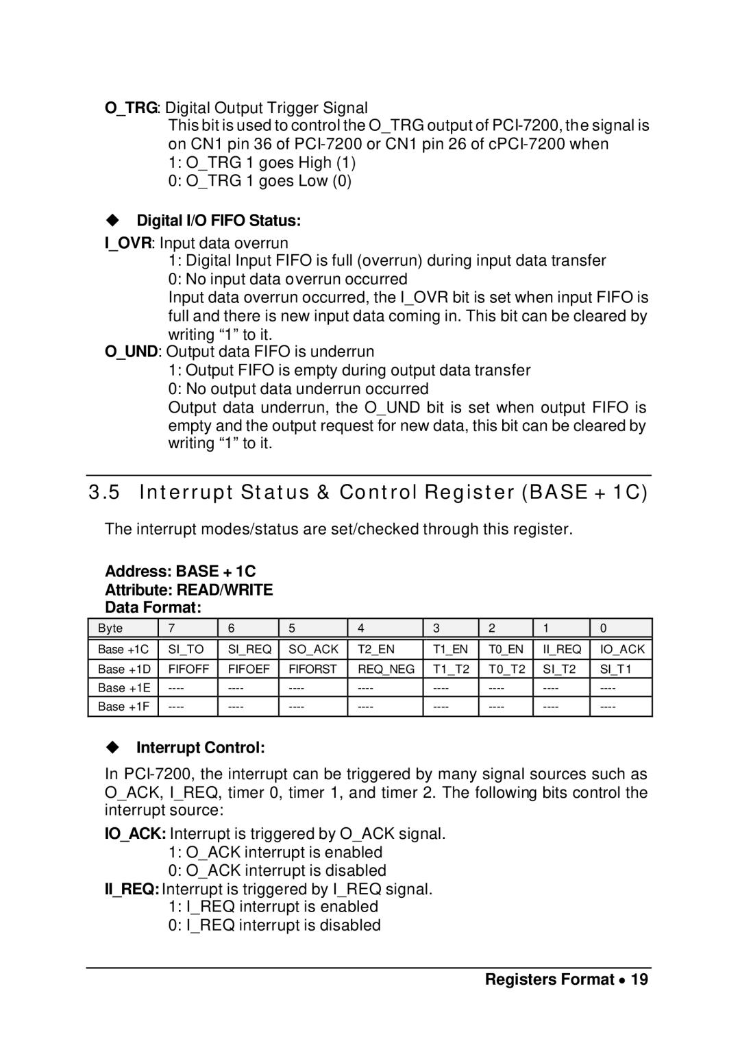 Intel cPCI-7200 manual Interrupt Status & Control Register Base + 1C, Digital I/O Fifo Status, Interrupt Control 