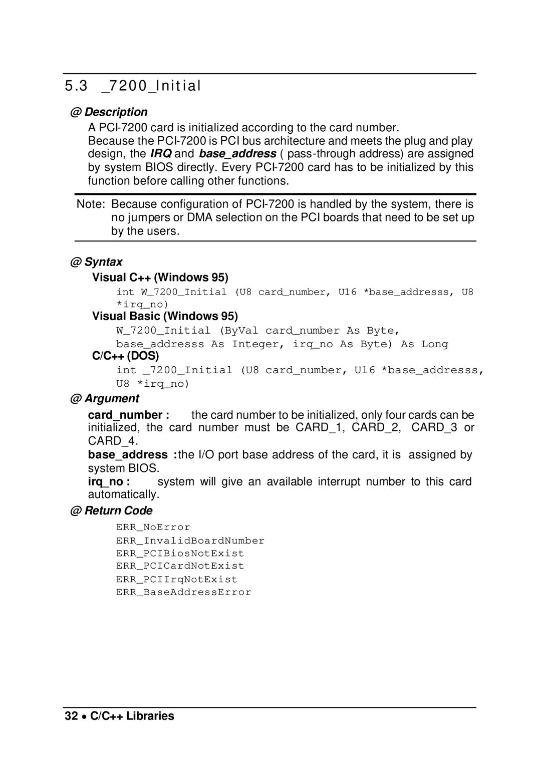 Intel cPCI-7200 manual 7200Initial, Visual C++ Windows, Visual Basic Windows, ++ Dos, 32 ∙ C/C++ Libraries 