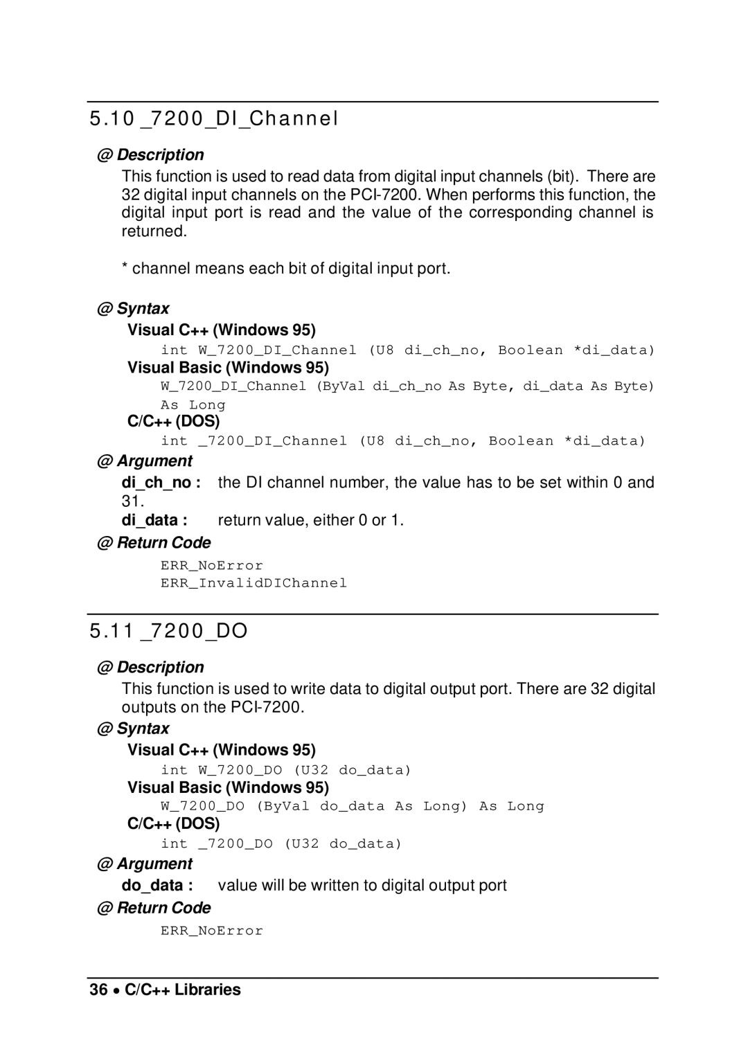 Intel cPCI-7200 manual 10 7200DIChannel, 11 7200DO, 36 ∙ C/C++ Libraries 