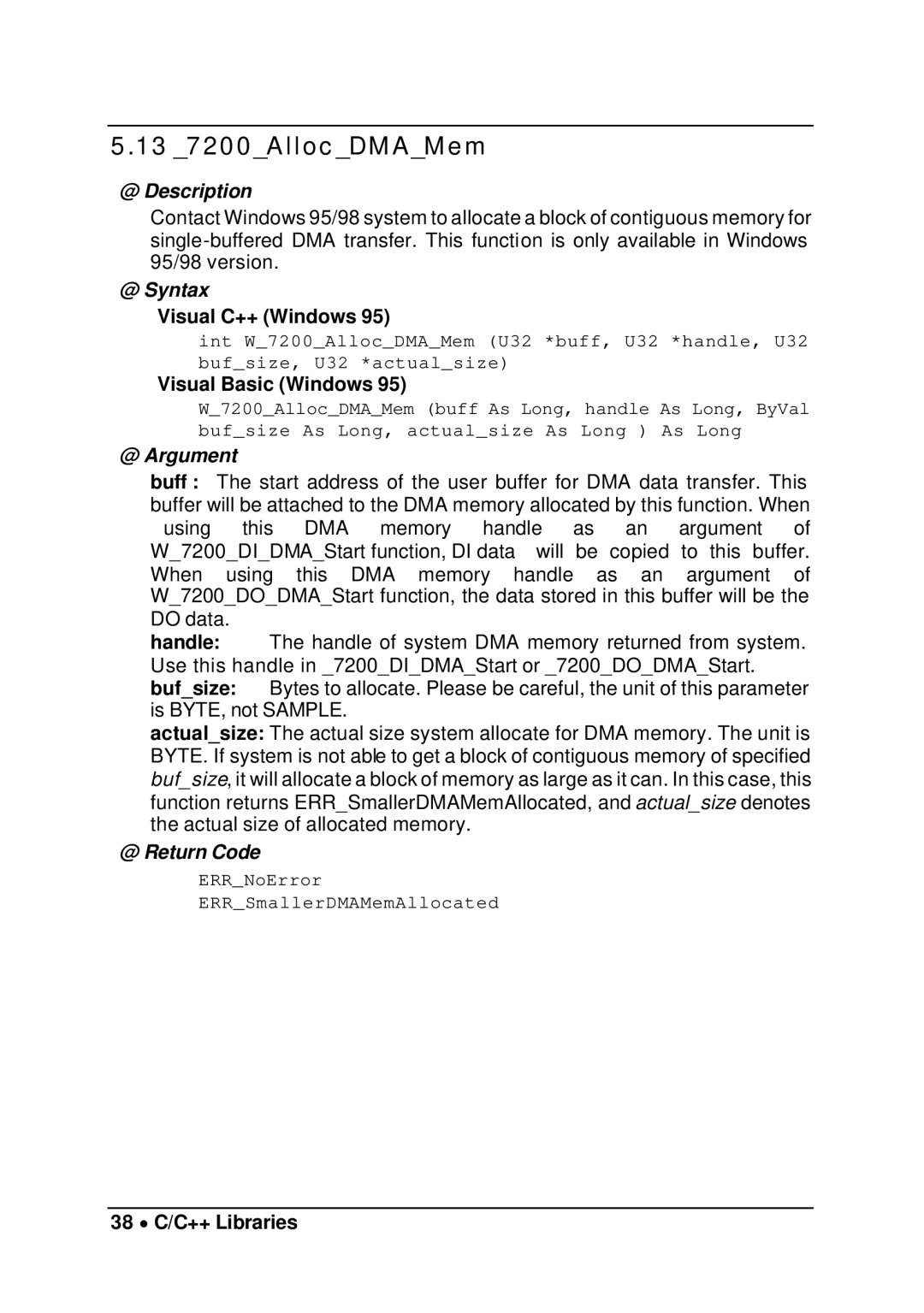 Intel cPCI-7200 manual 13 7200AllocDMAMem, 38 ∙ C/C++ Libraries 