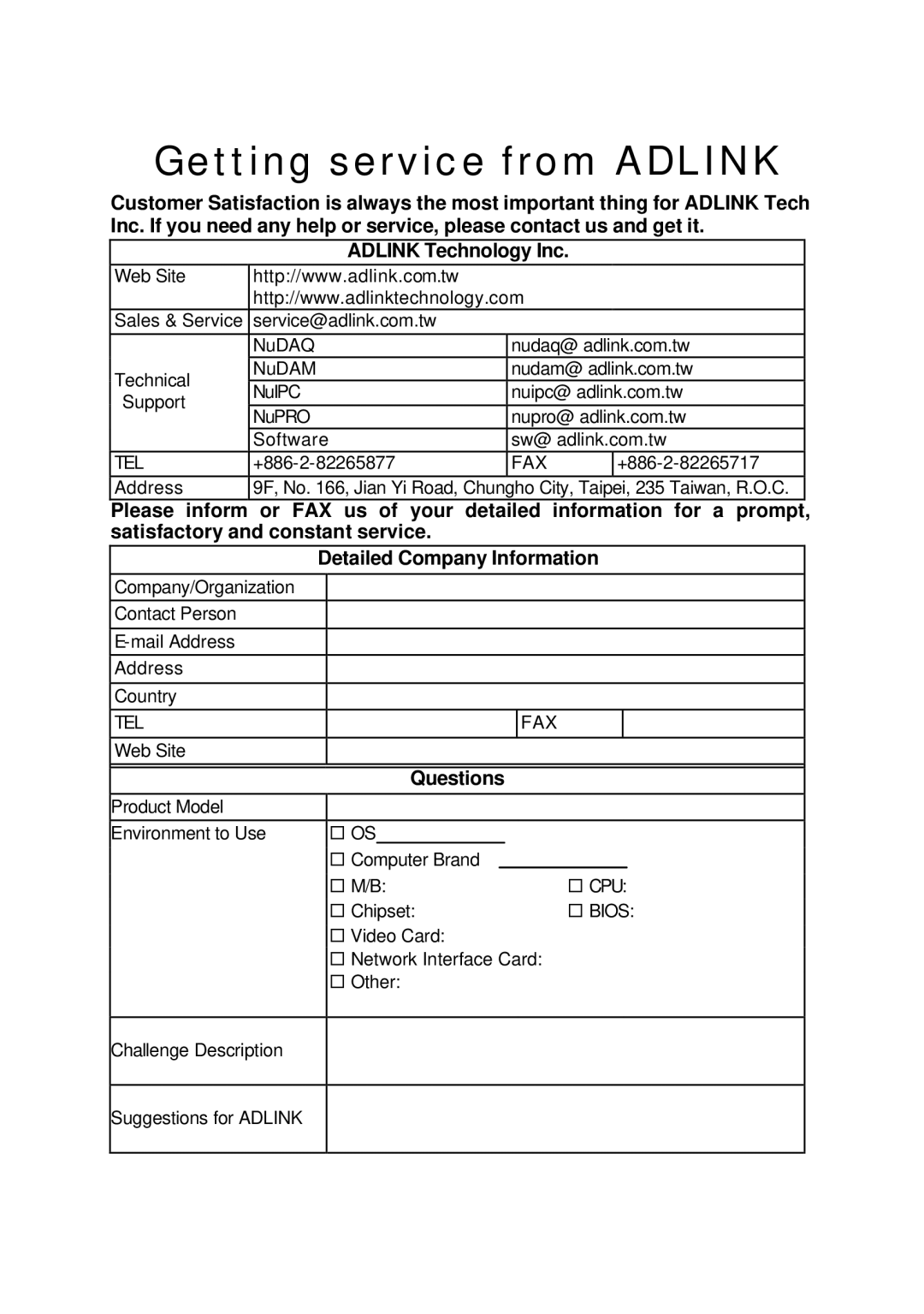 Intel cPCI-7200 manual Getting service from Adlink, Questions 