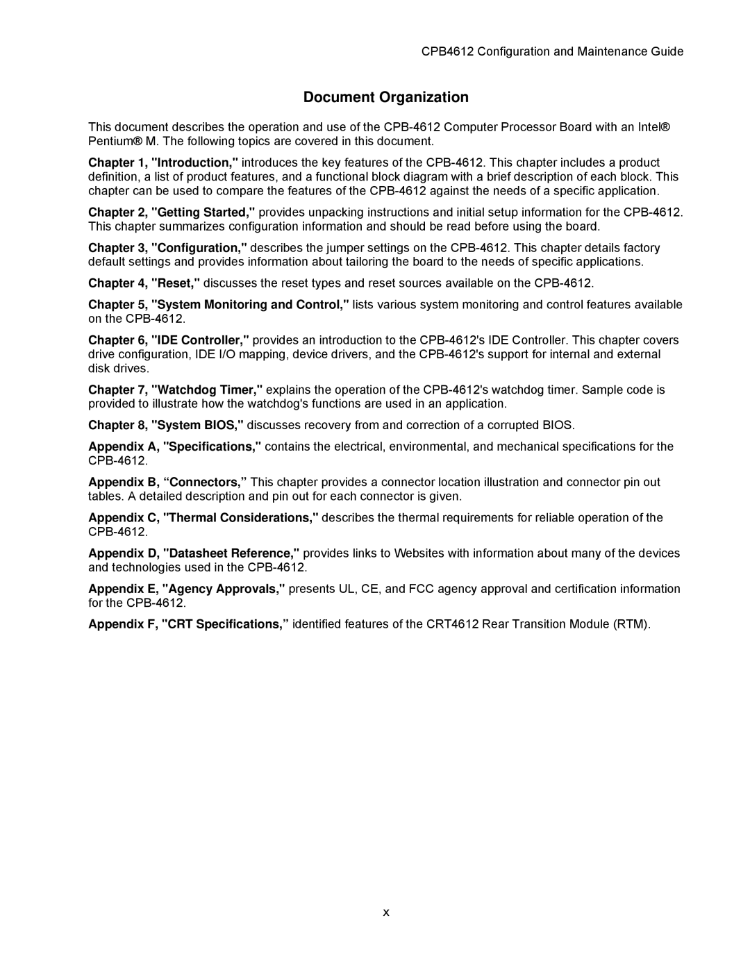 Intel cpb4612, cpci borard with a intel pentuim M manual Document Organization 