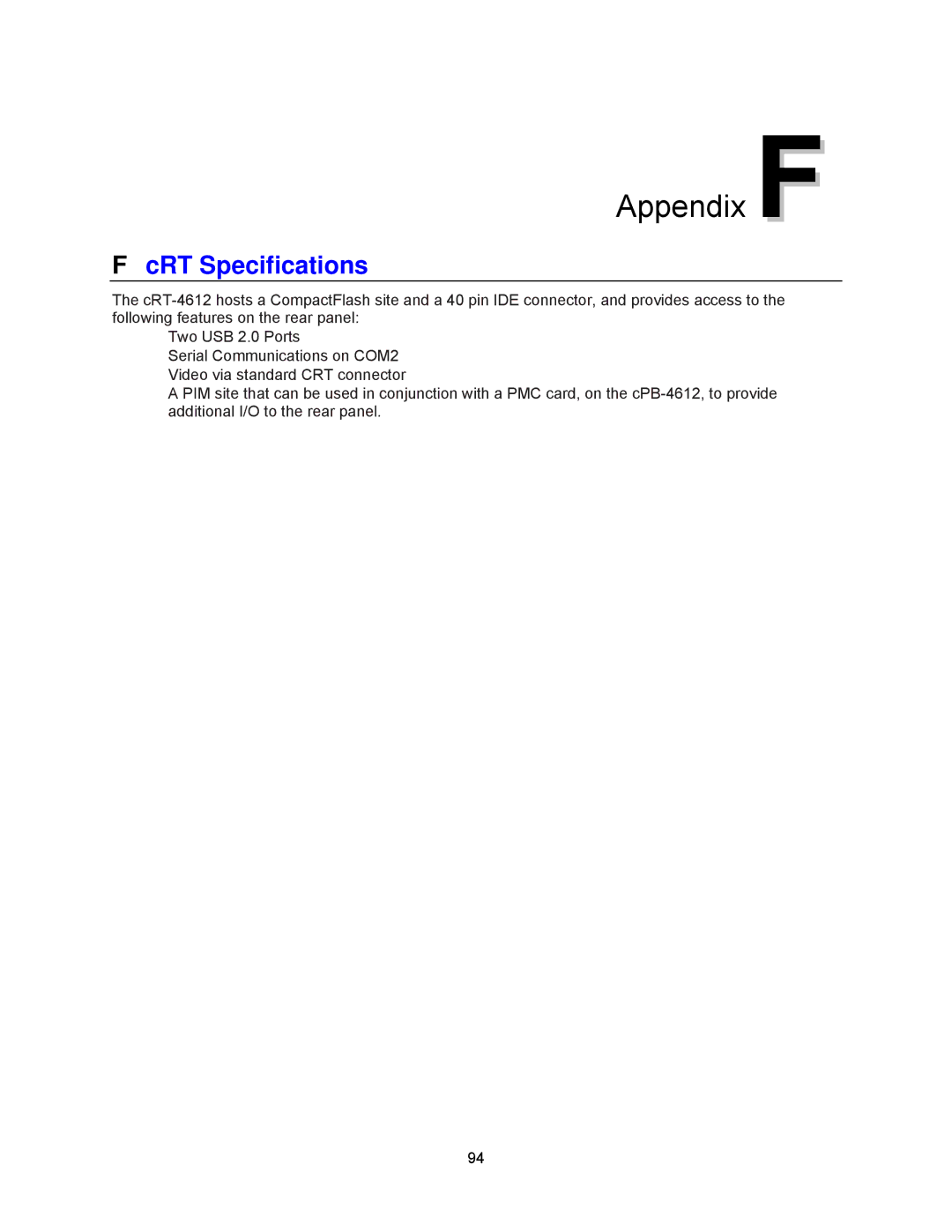 Intel cpb4612, cpci borard with a intel pentuim M manual Appendix F 