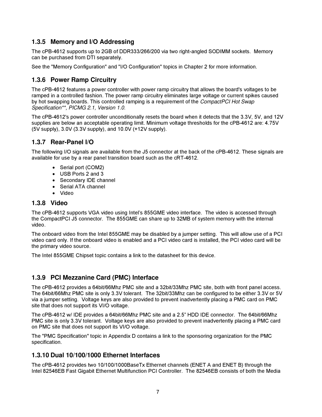 Intel cpci borard with a intel pentuim M, cpb4612 Memory and I/O Addressing, Power Ramp Circuitry, Rear-Panel I/O, Video 