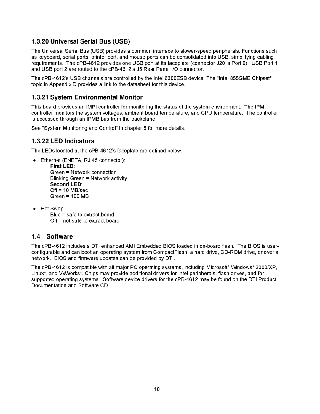 Intel cpb4612 manual Universal Serial Bus USB, System Environmental Monitor, LED Indicators, Software 