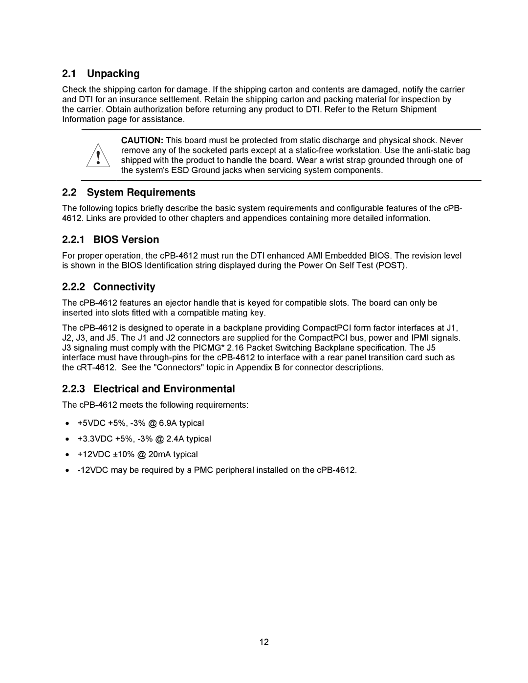 Intel cpb4612 manual Unpacking, System Requirements, Bios Version, Connectivity, Electrical and Environmental 