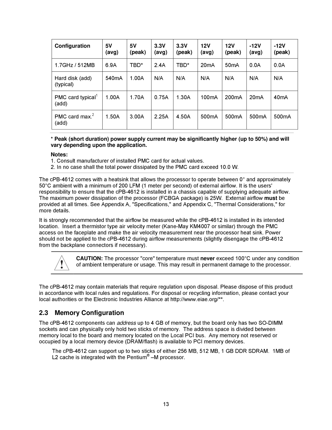 Intel cpci borard with a intel pentuim M, cpb4612 manual Memory Configuration, Configuration Avg Peak, Tbd, 12V Avg Peak 