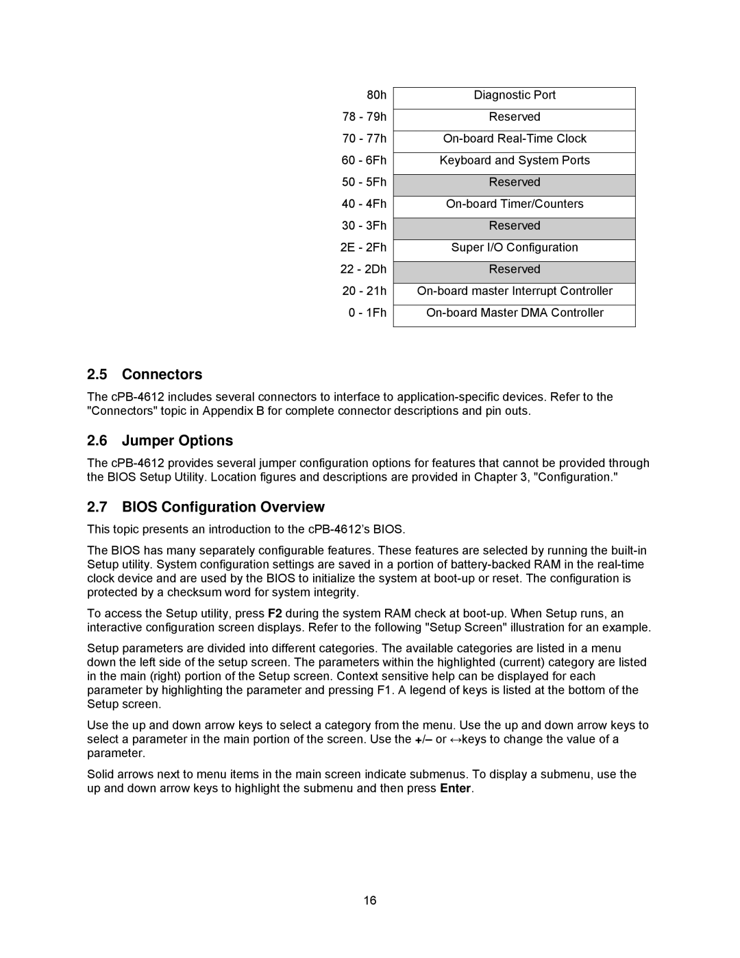 Intel cpb4612, cpci borard with a intel pentuim M manual Connectors, Jumper Options, Bios Configuration Overview 