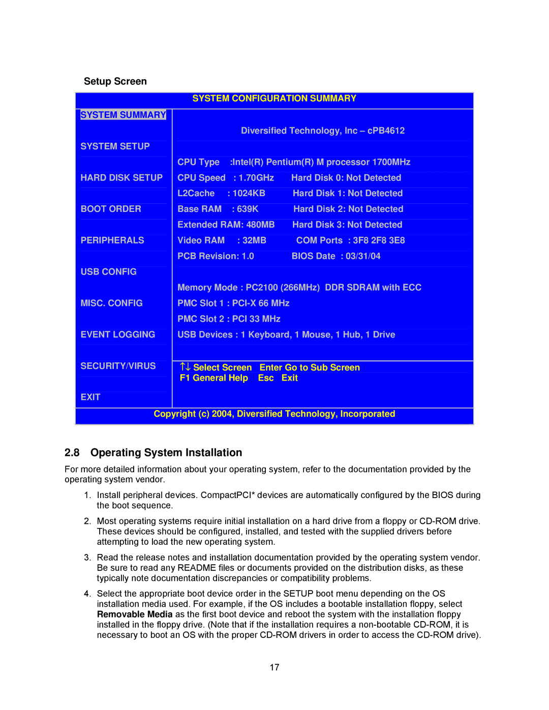 Intel cpci borard with a intel pentuim M, cpb4612 manual Operating System Installation, System Configuration Summary 