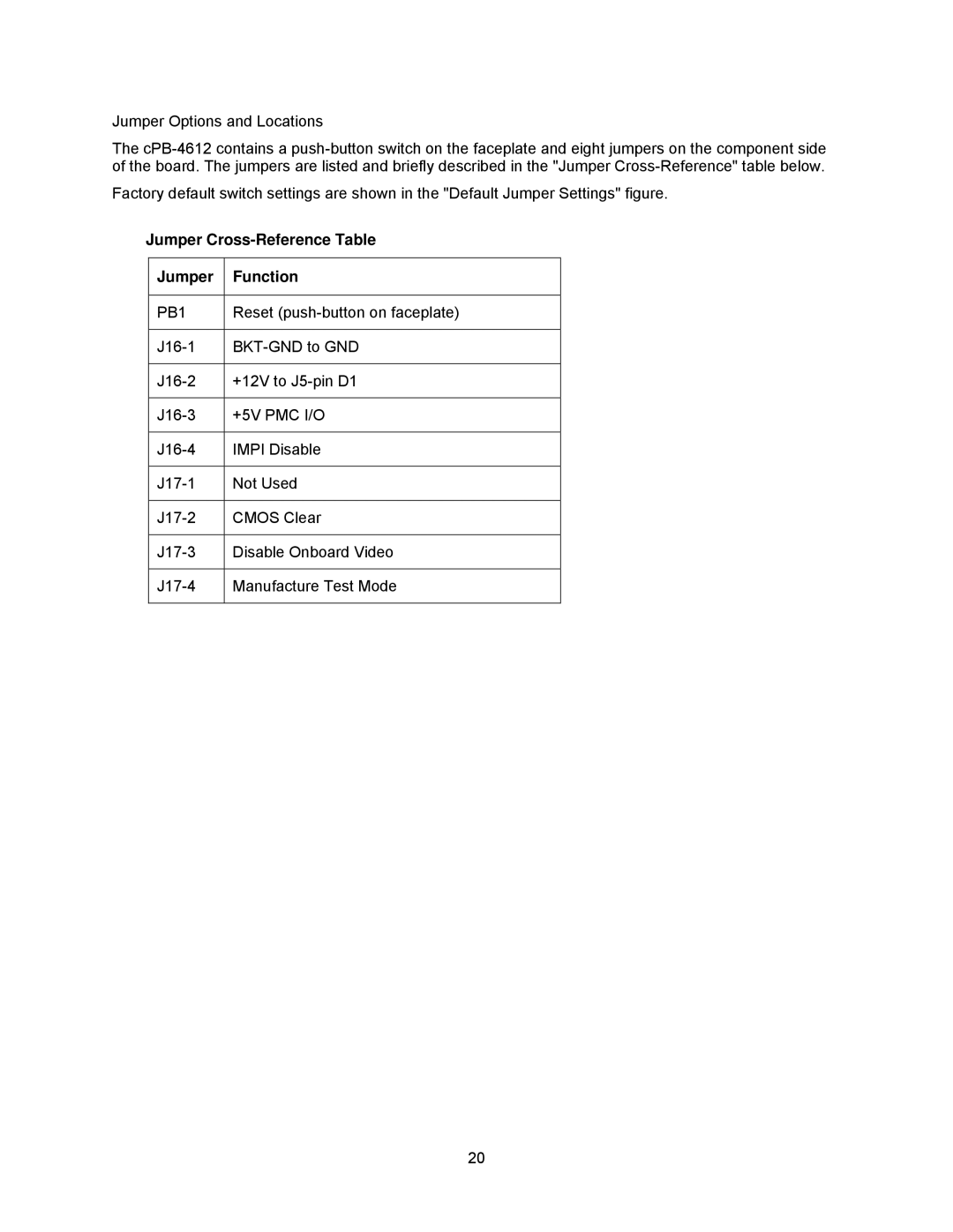 Intel cpb4612, cpci borard with a intel pentuim M manual Jumper Cross-Reference Table Function, PB1, +5V PMC I/O 