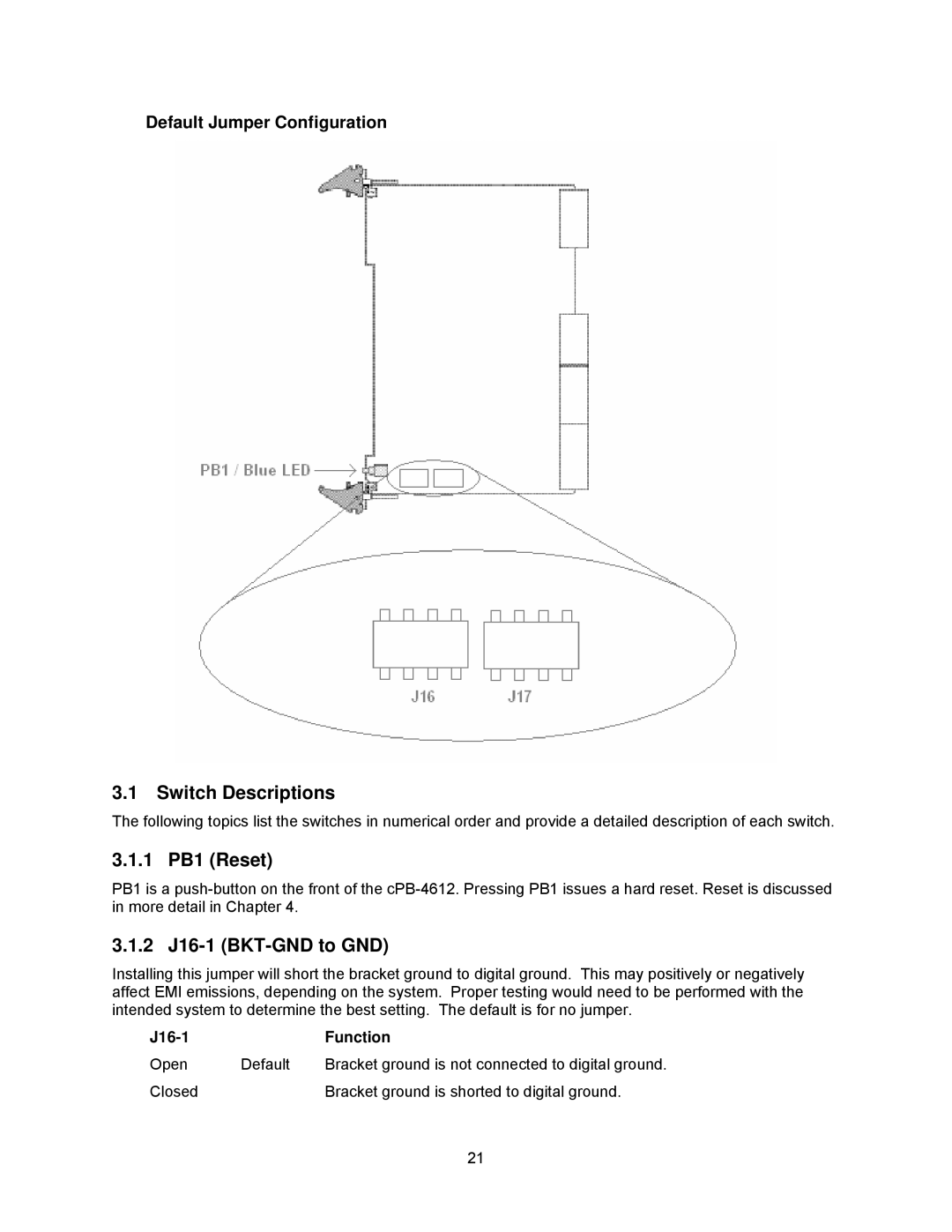 Intel cpci borard with a intel pentuim M, cpb4612 Switch Descriptions, 1 PB1 Reset, 2 J16-1 BKT-GND to GND, J16-1 Function 