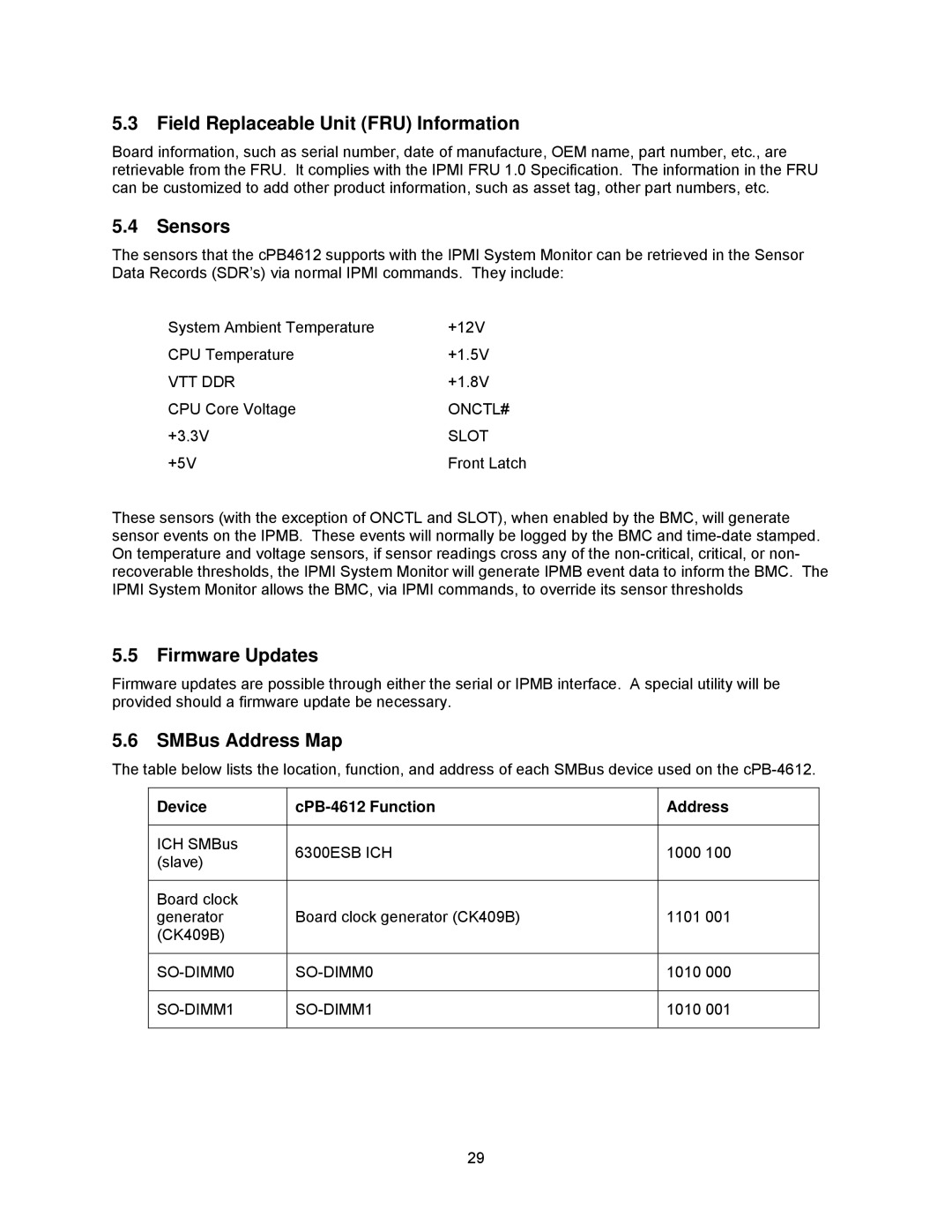 Intel cpci borard with a intel pentuim M, cpb4612 manual Field Replaceable Unit FRU Information, Sensors, Firmware Updates 