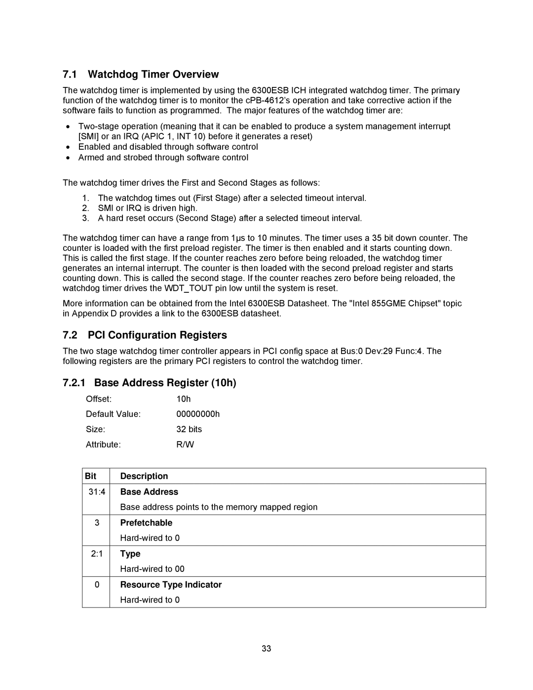 Intel cpci borard with a intel pentuim M Watchdog Timer Overview, PCI Configuration Registers, Base Address Register 10h 