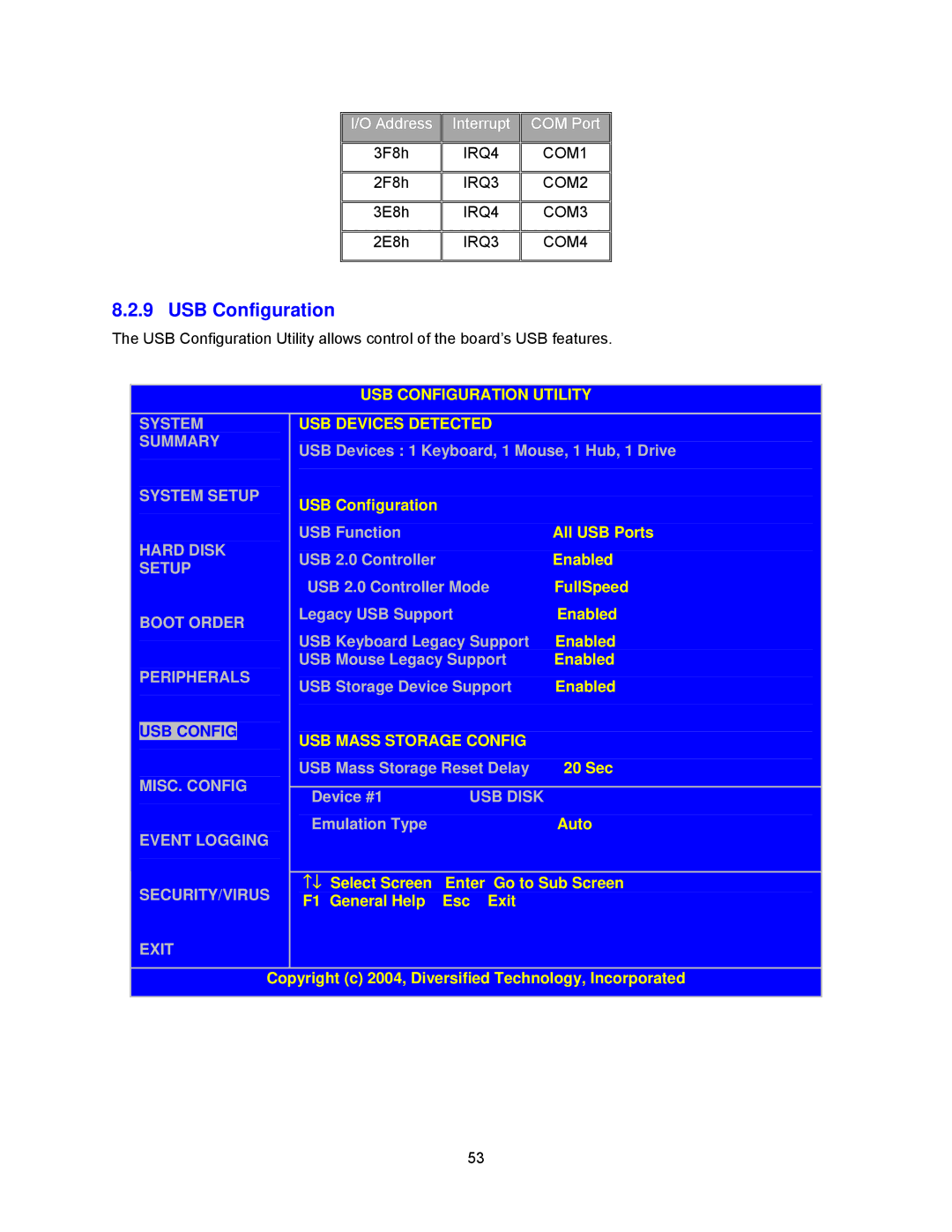 Intel cpci borard with a intel pentuim M USB Configuration Utility, USB Devices Detected, USB Mass Storage Config 