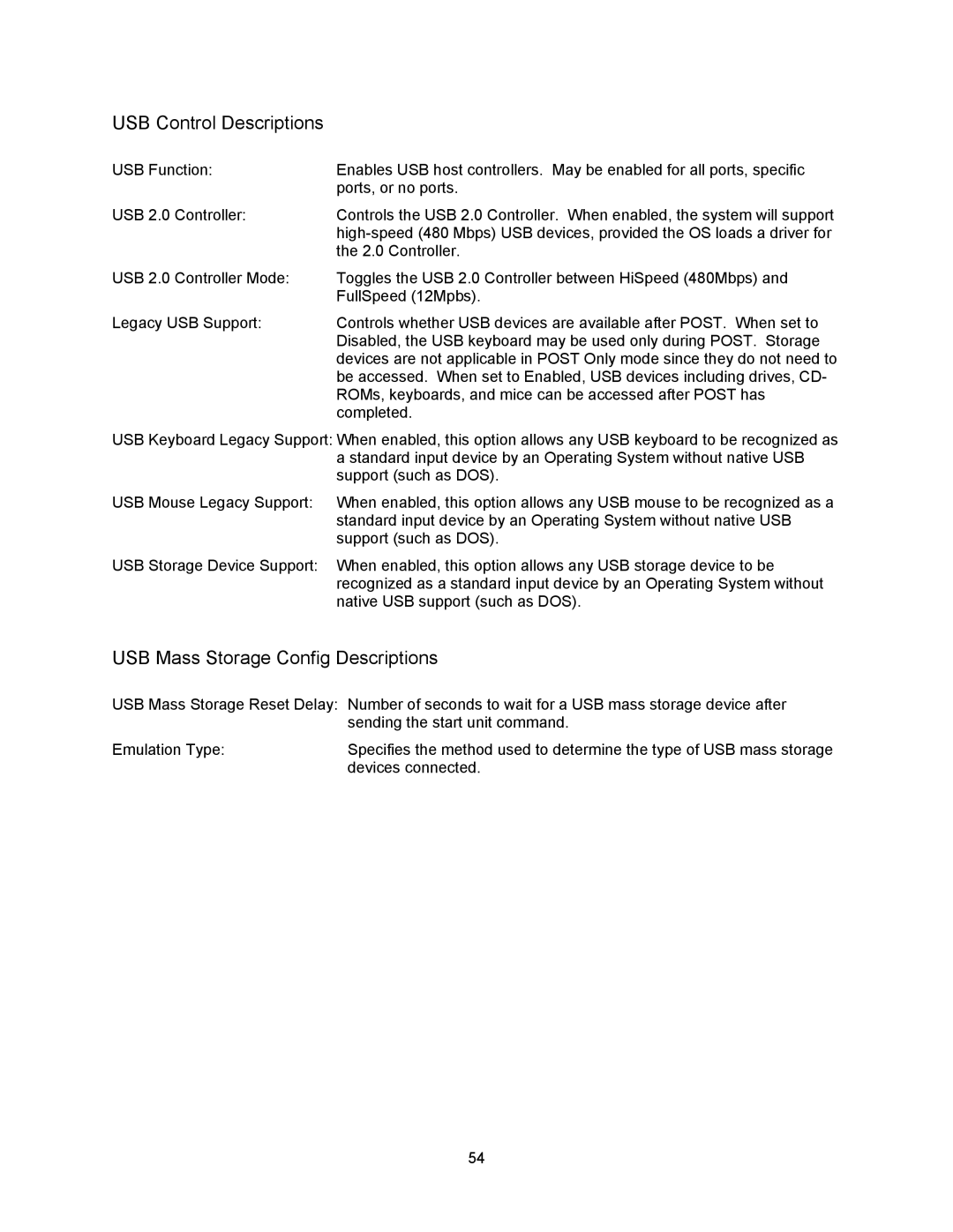 Intel cpb4612, cpci borard with a intel pentuim M manual USB Control Descriptions, USB Mass Storage Config Descriptions 