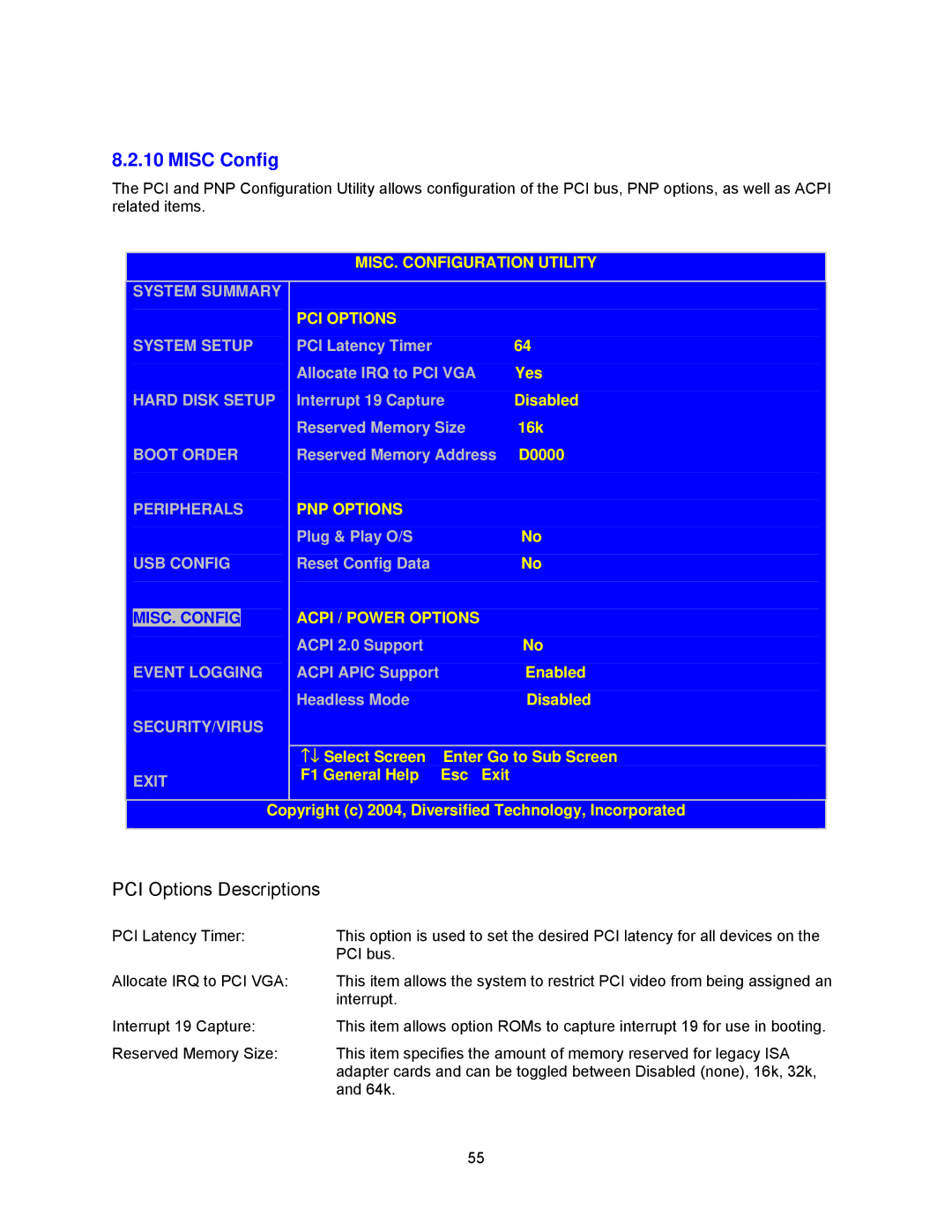 Intel cpci borard with a intel pentuim M, cpb4612 manual Misc Config, PCI Options Descriptions 