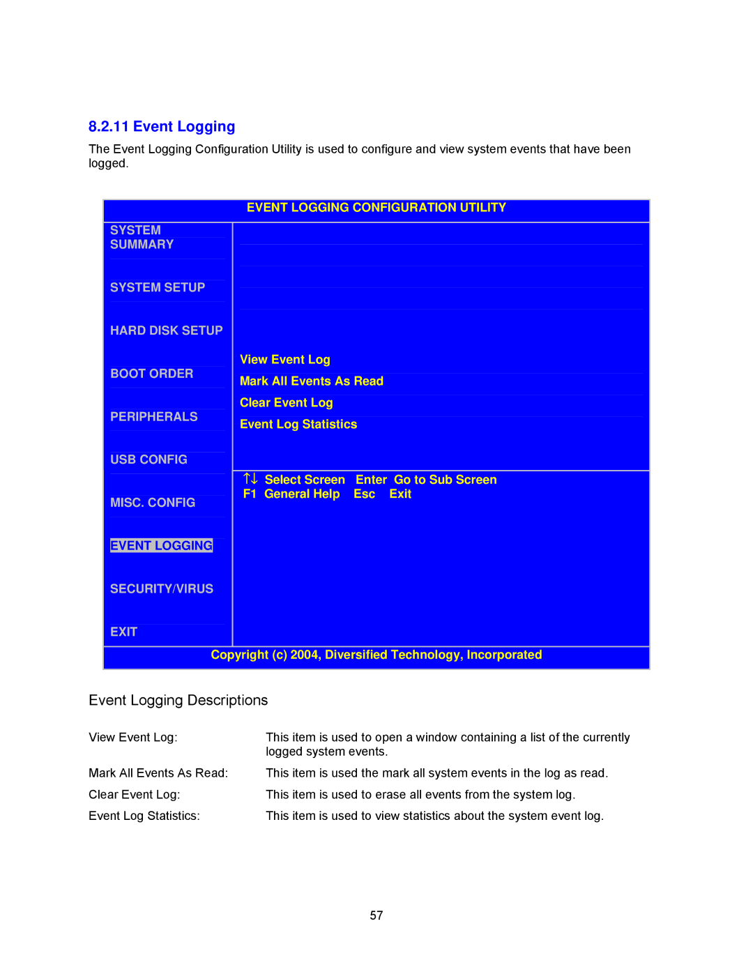 Intel cpci borard with a intel pentuim M, cpb4612 manual Event Logging Descriptions, Event Logging Configuration Utility 