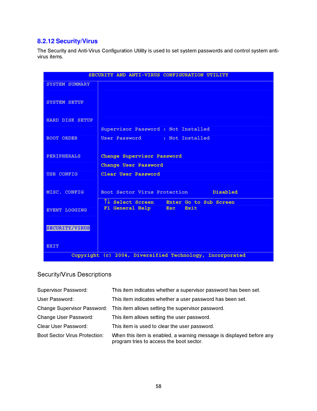 Intel cpb4612, cpci borard with a intel pentuim M manual Security/Virus, Security and ANTI-VIRUS Configuration Utility 