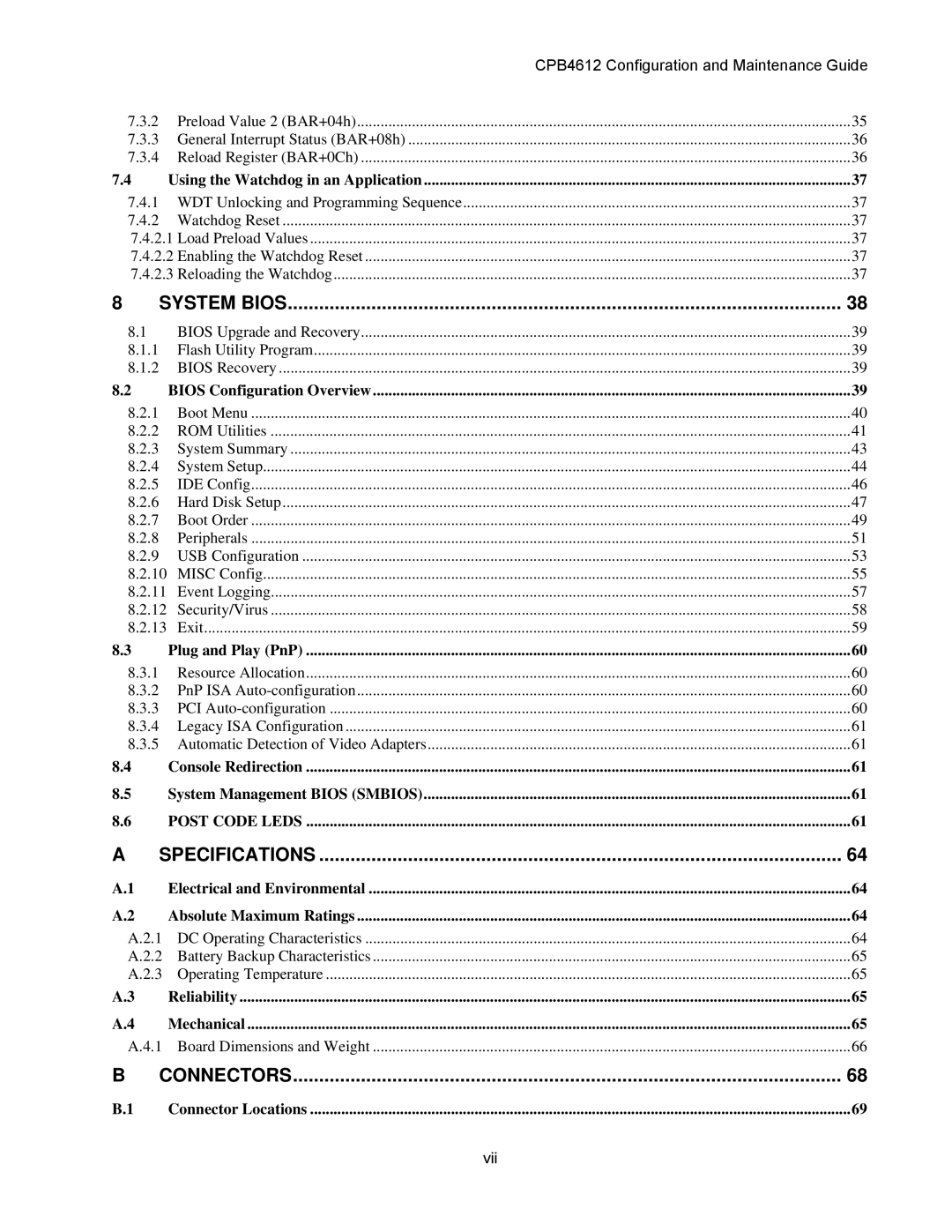 Intel cpci borard with a intel pentuim M, cpb4612 manual Vii 