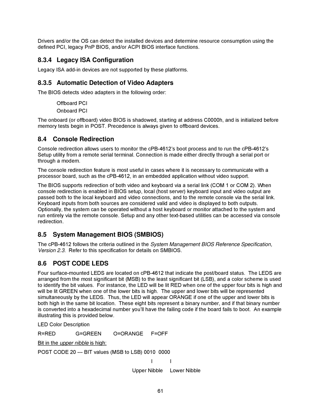 Intel cpci borard with a intel pentuim M, cpb4612 manual Legacy ISA Configuration, Automatic Detection of Video Adapters 