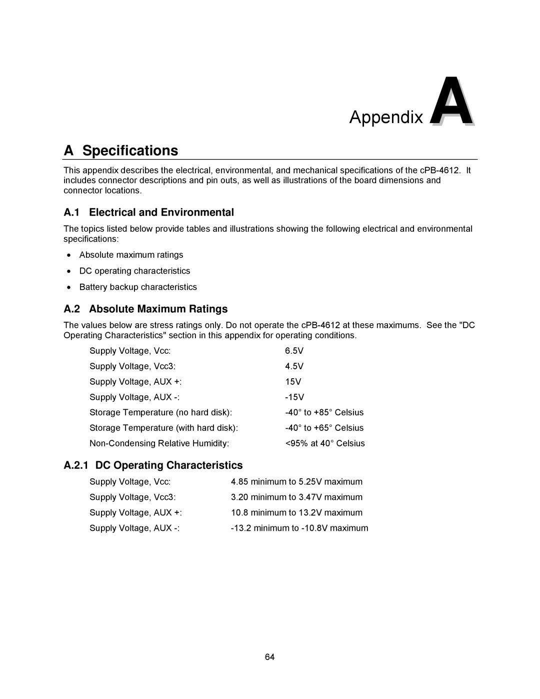 Intel cpb4612, cpci borard with a intel pentuim M Specifications, Absolute Maximum Ratings, DC Operating Characteristics 