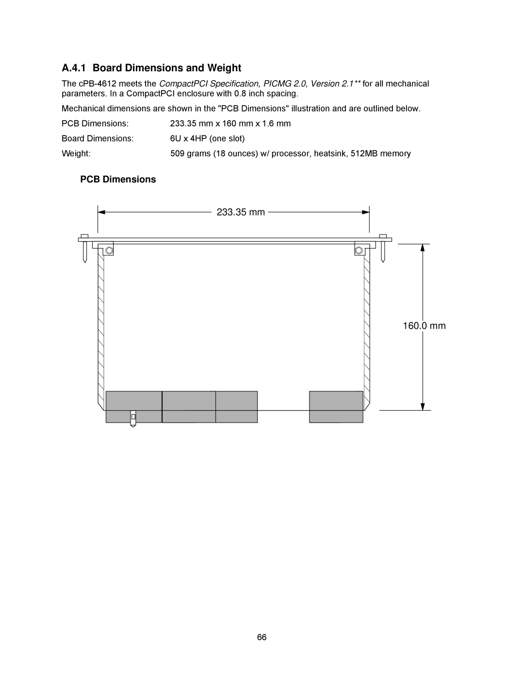 Intel cpb4612, cpci borard with a intel pentuim M manual Board Dimensions and Weight 